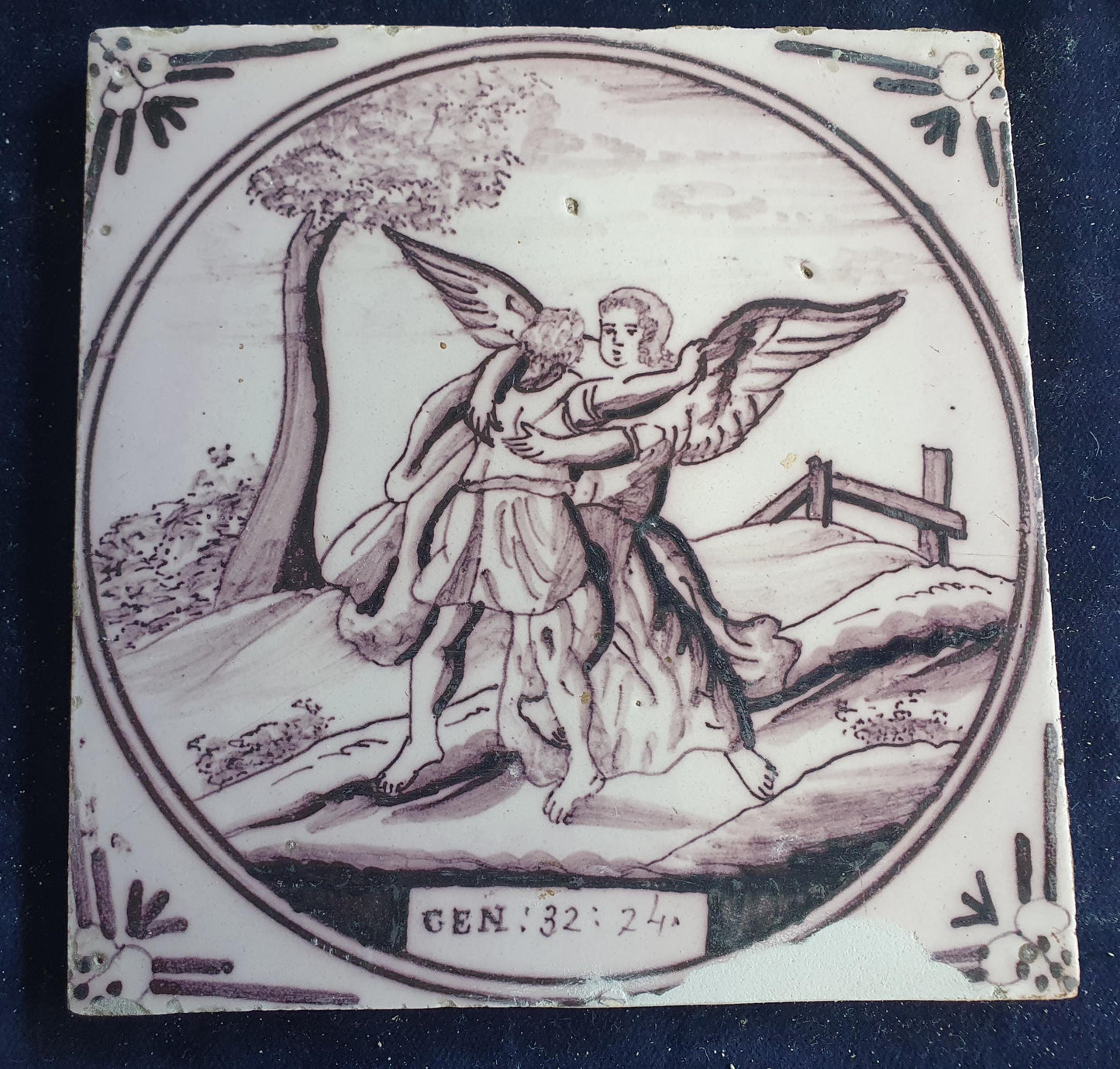 Delft tile, Dutch manganese biblical scene bible tile, 18th century,Gen:32-24