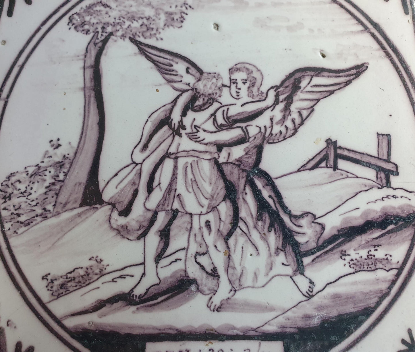 Delft tile, Dutch manganese biblical scene bible tile, 18th century,Gen:32-24