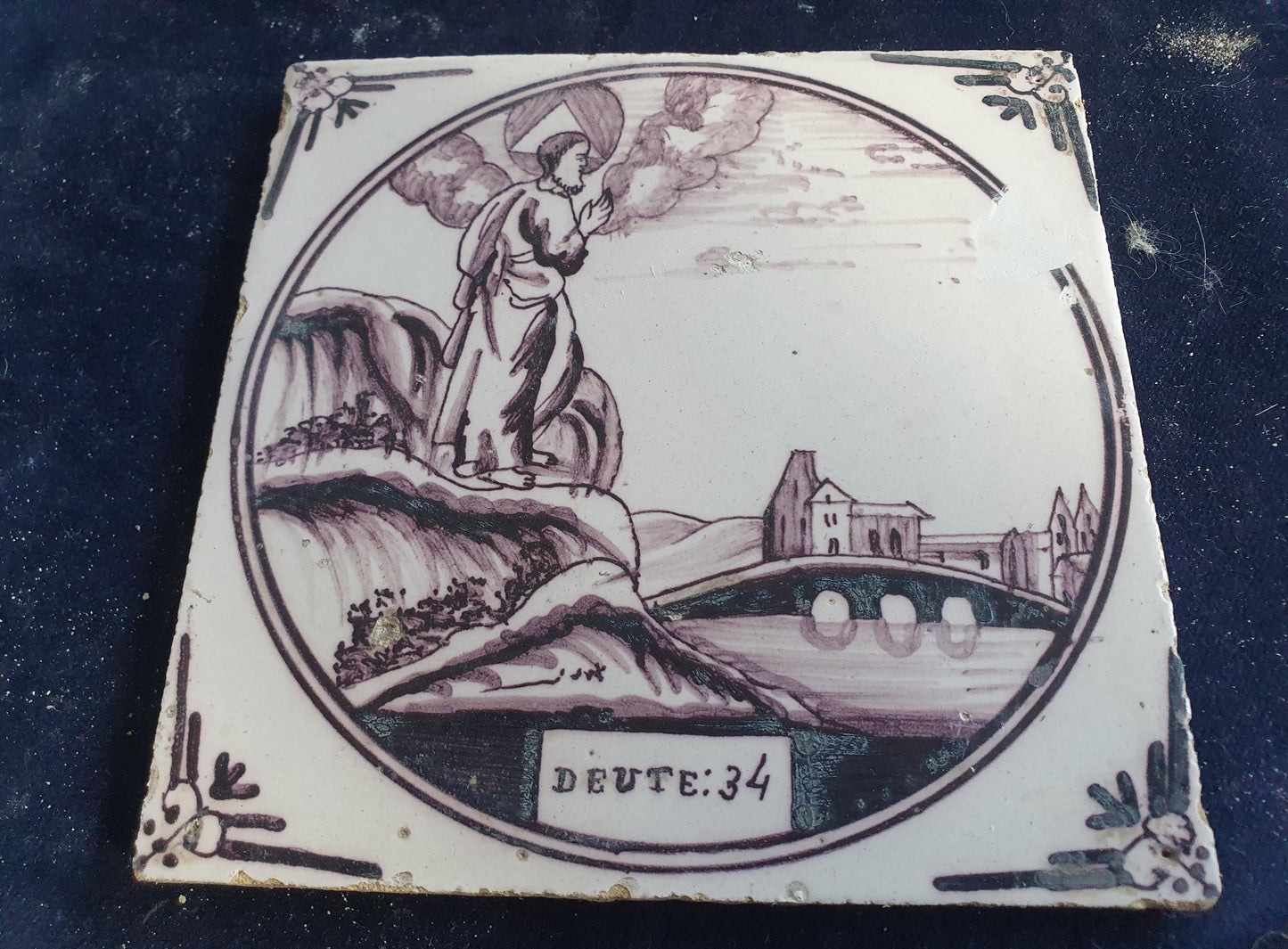 Delft tile, Dutch manganese biblical scene bible tile, 18th century, Deute:34