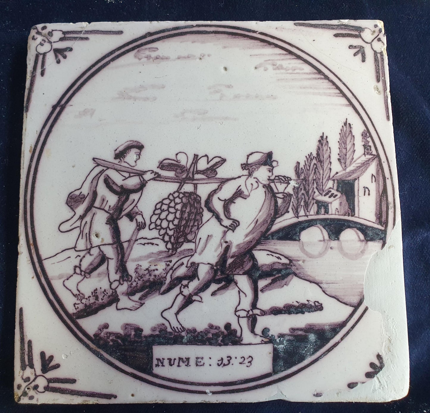 Delft tile, Dutch manganese biblical scene bible tile, 18th century, The Spies of Canaan