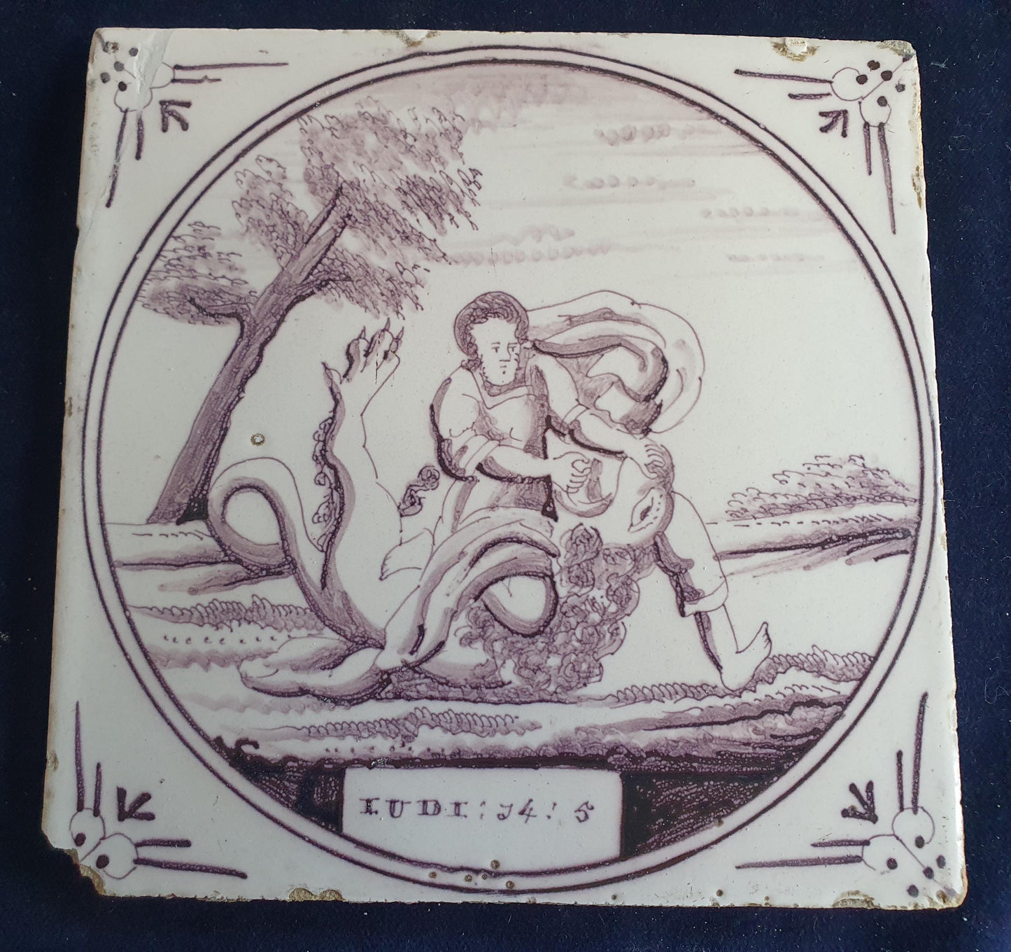 Delft tile, Dutch manganese biblical scene bible tile, 18th century.