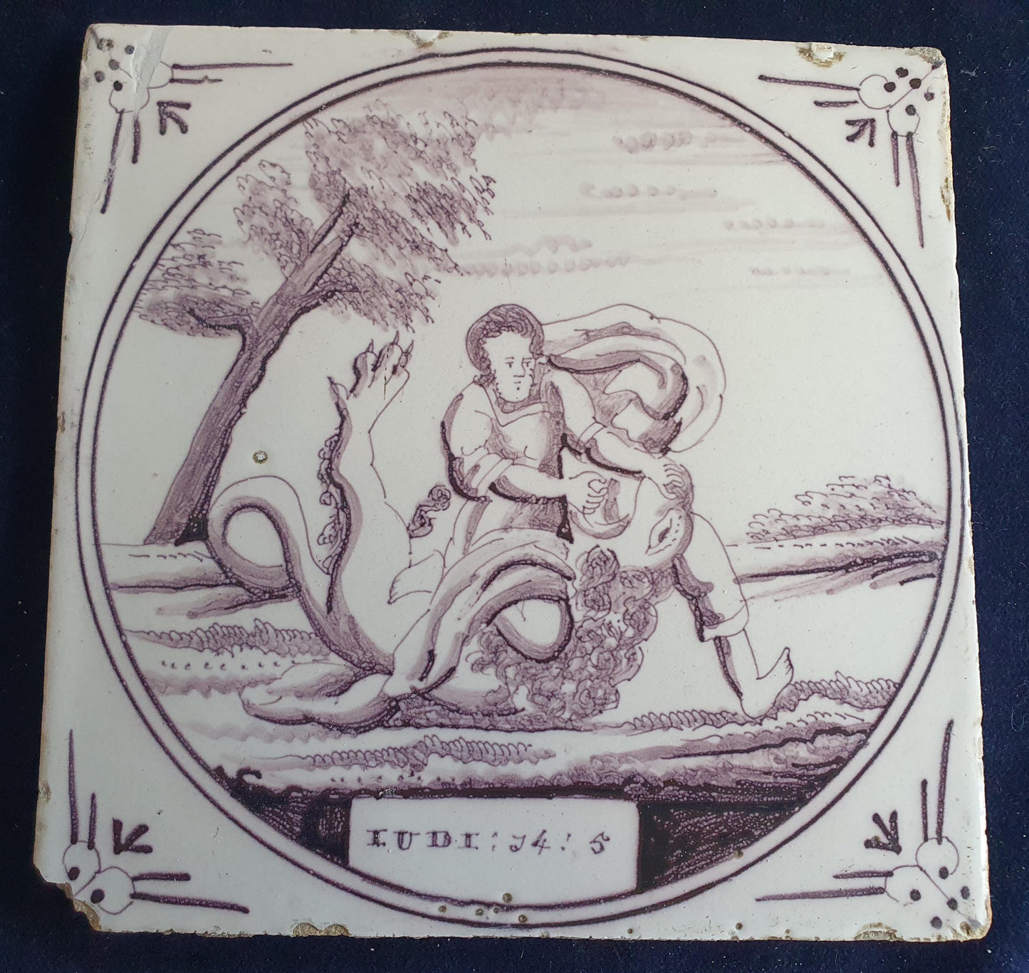Delft tile, Dutch manganese biblical scene bible tile, 18th century.