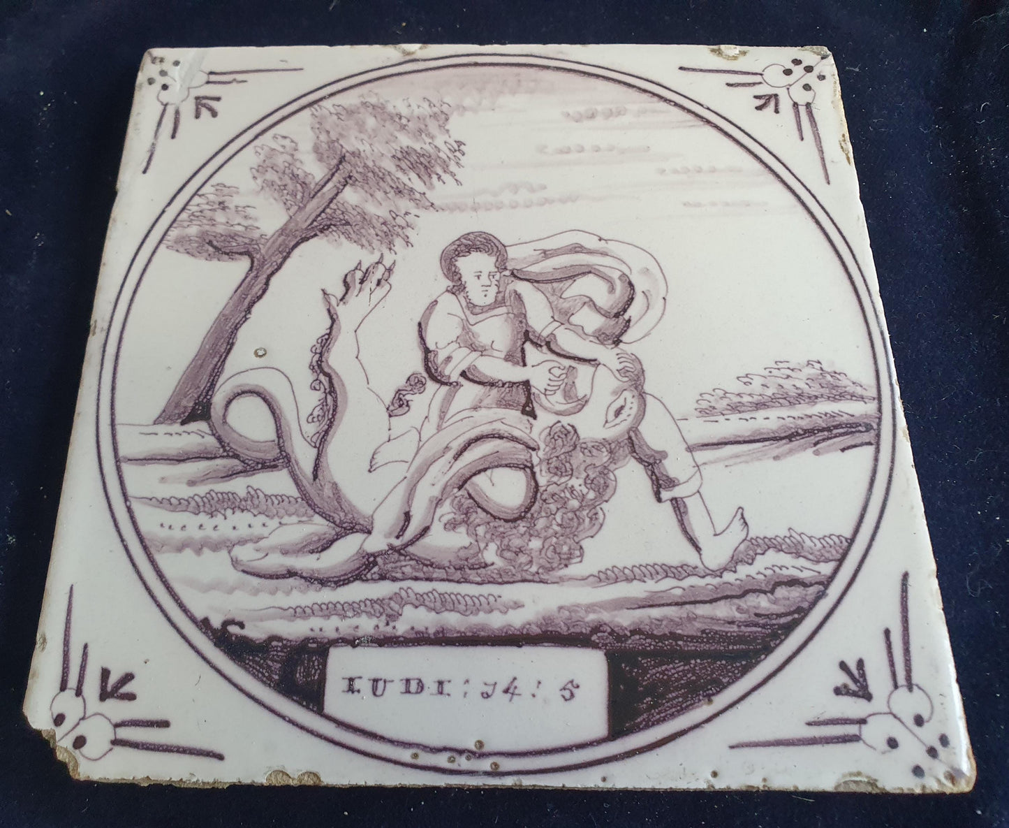 Delft tile, Dutch manganese biblical scene bible tile, 18th century.