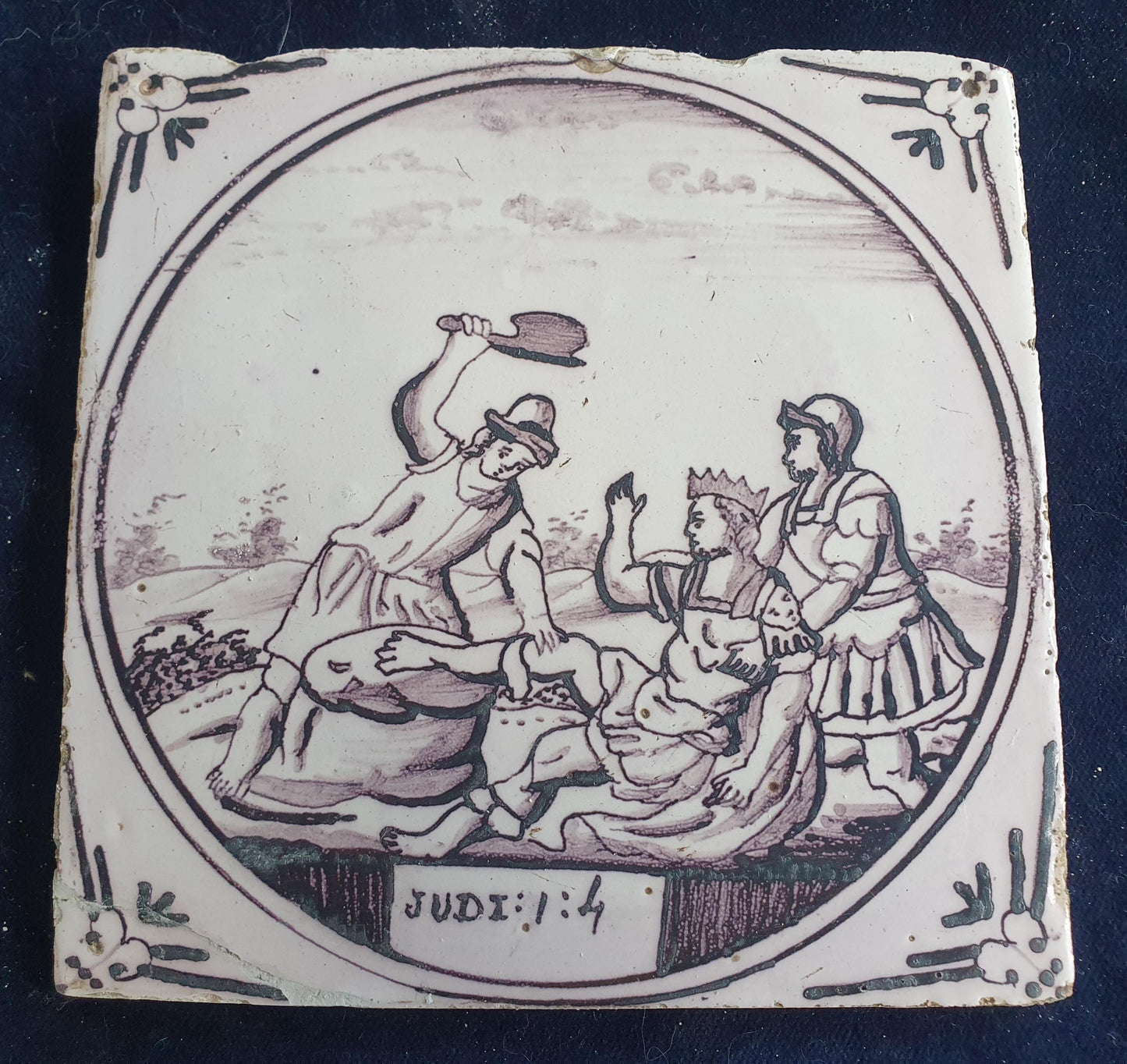 Delft tile, Dutch manganese biblical scene bible tile, 18th century.