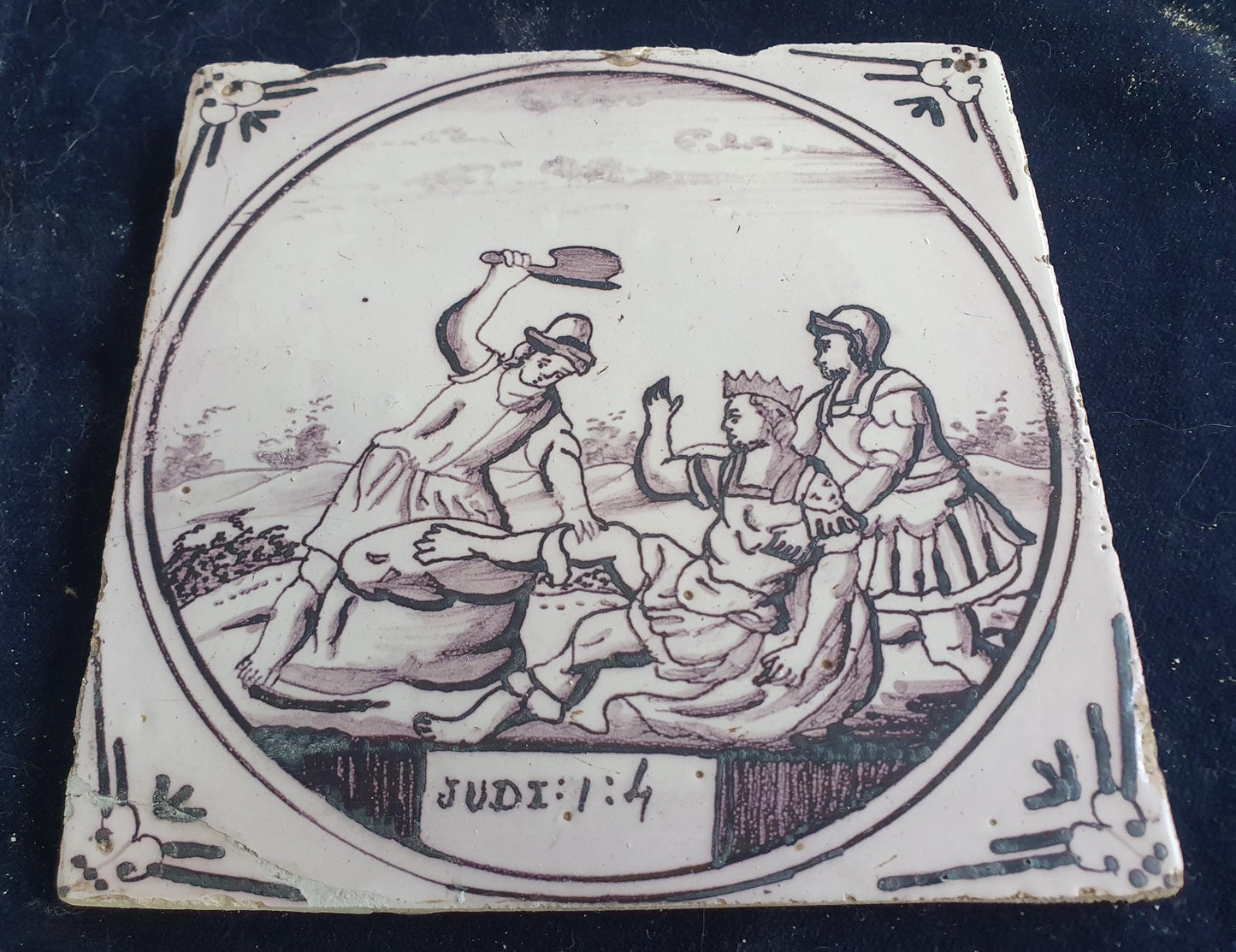 Delft tile, Dutch manganese biblical scene bible tile, 18th century.