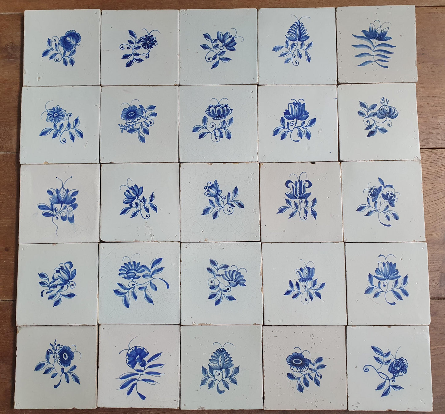 25 x Antique Delft Tiles, 18th Century, Floral Blue Flowers, planttile.