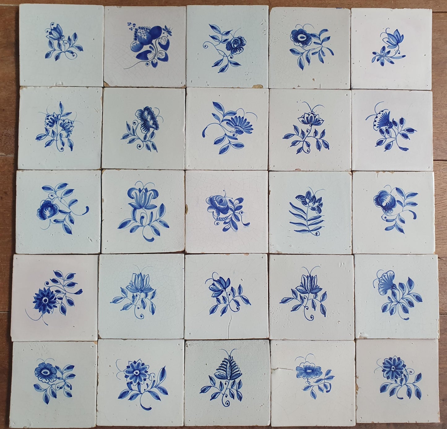 25 x Antique Delft Tiles, 18th Century, Floral Blue Flowers, planttile.