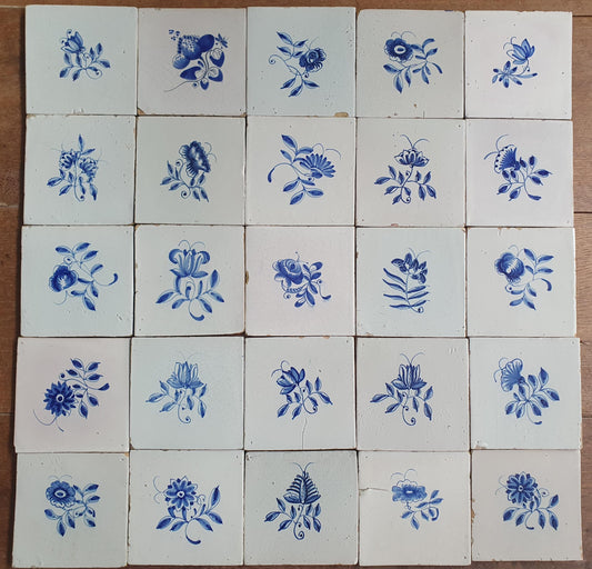 25 x Antique Delft Tiles, 18th Century, Floral Blue Flowers, planttile.