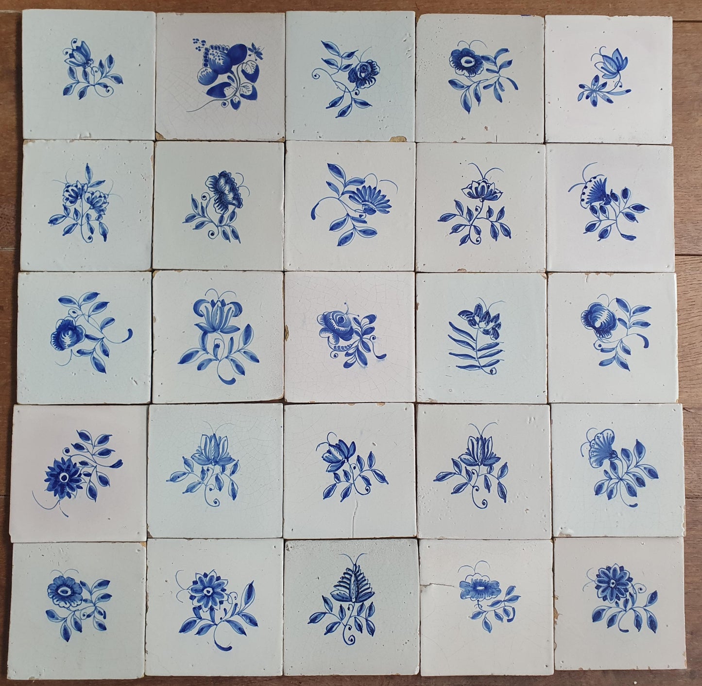25 x Antique Delft Tiles, 18th Century, Floral Blue Flowers, planttile.