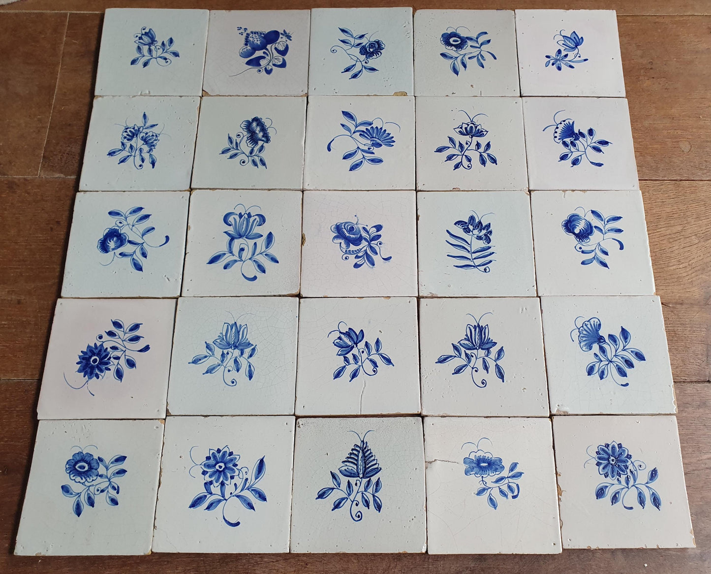 25 x Antique Delft Tiles, 18th Century, Floral Blue Flowers, planttile.