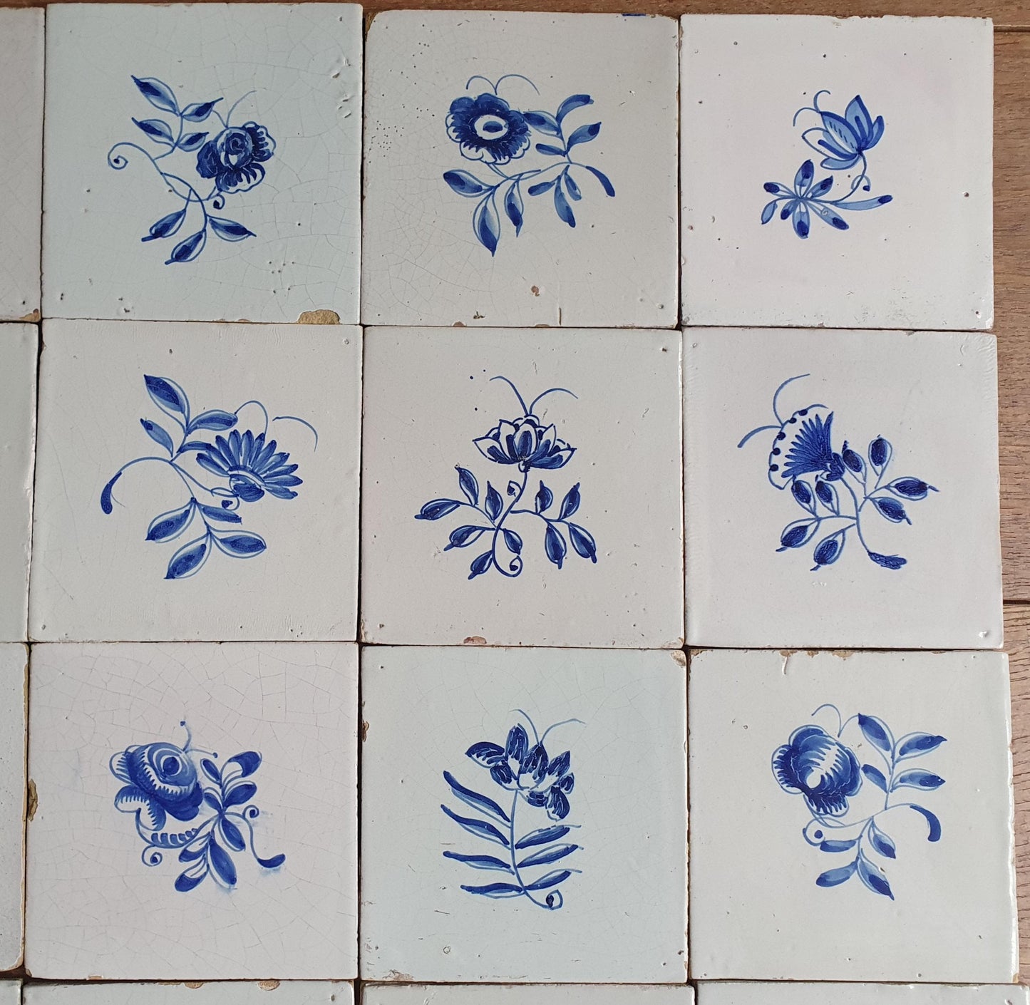 25 x Antique Delft Tiles, 18th Century, Floral Blue Flowers, planttile.