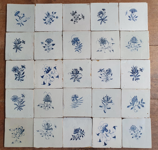 25 x Antique Delft Tiles, 18th Century, Floral Blue Flowers, planttile.