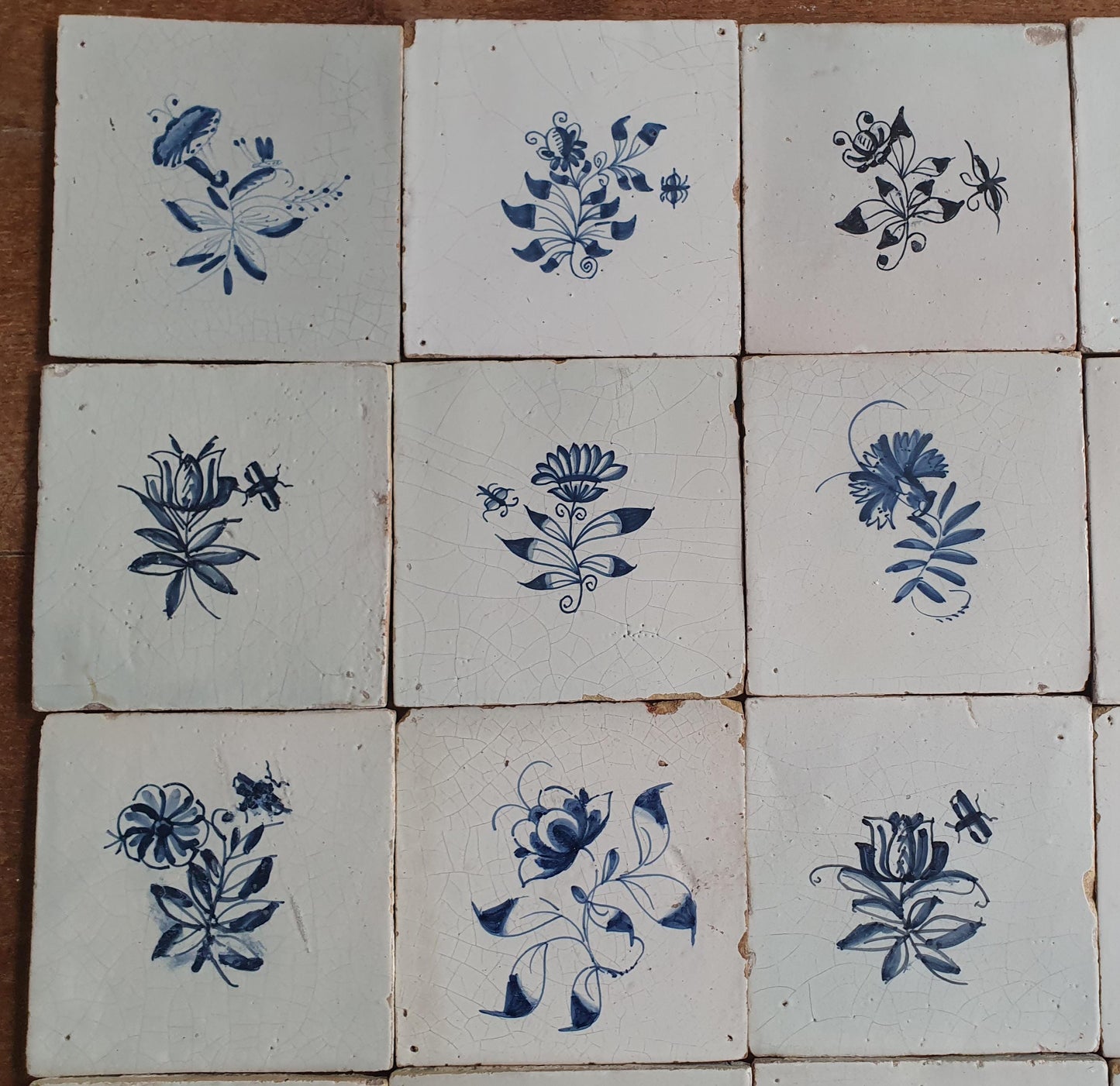 25 x Antique Delft Tiles, 18th Century, Floral Blue Flowers, planttile.
