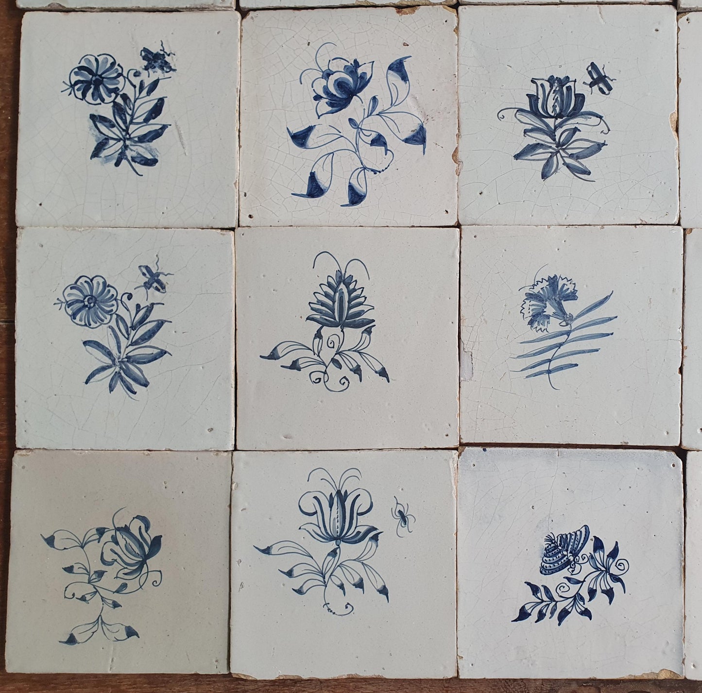 25 x Antique Delft Tiles, 18th Century, Floral Blue Flowers, planttile.