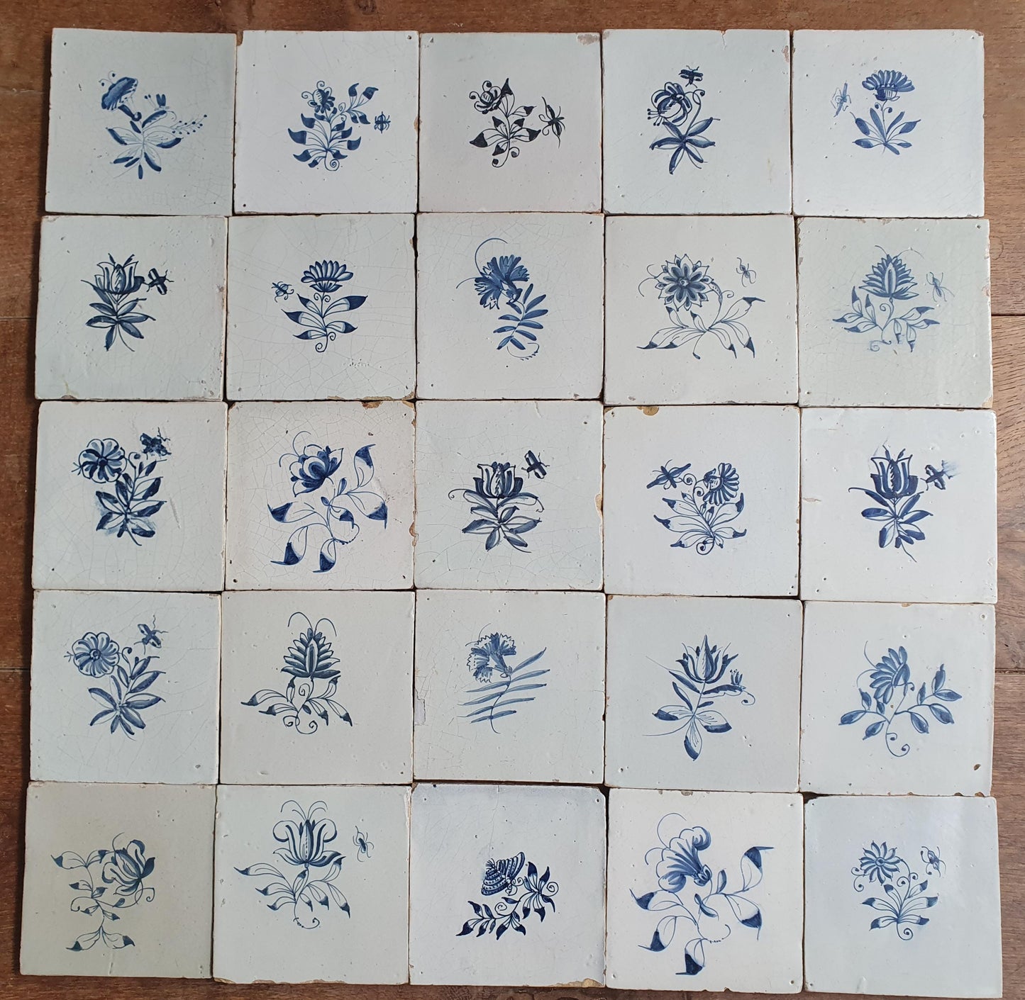25 x Antique Delft Tiles, 18th Century, Floral Blue Flowers, planttile.