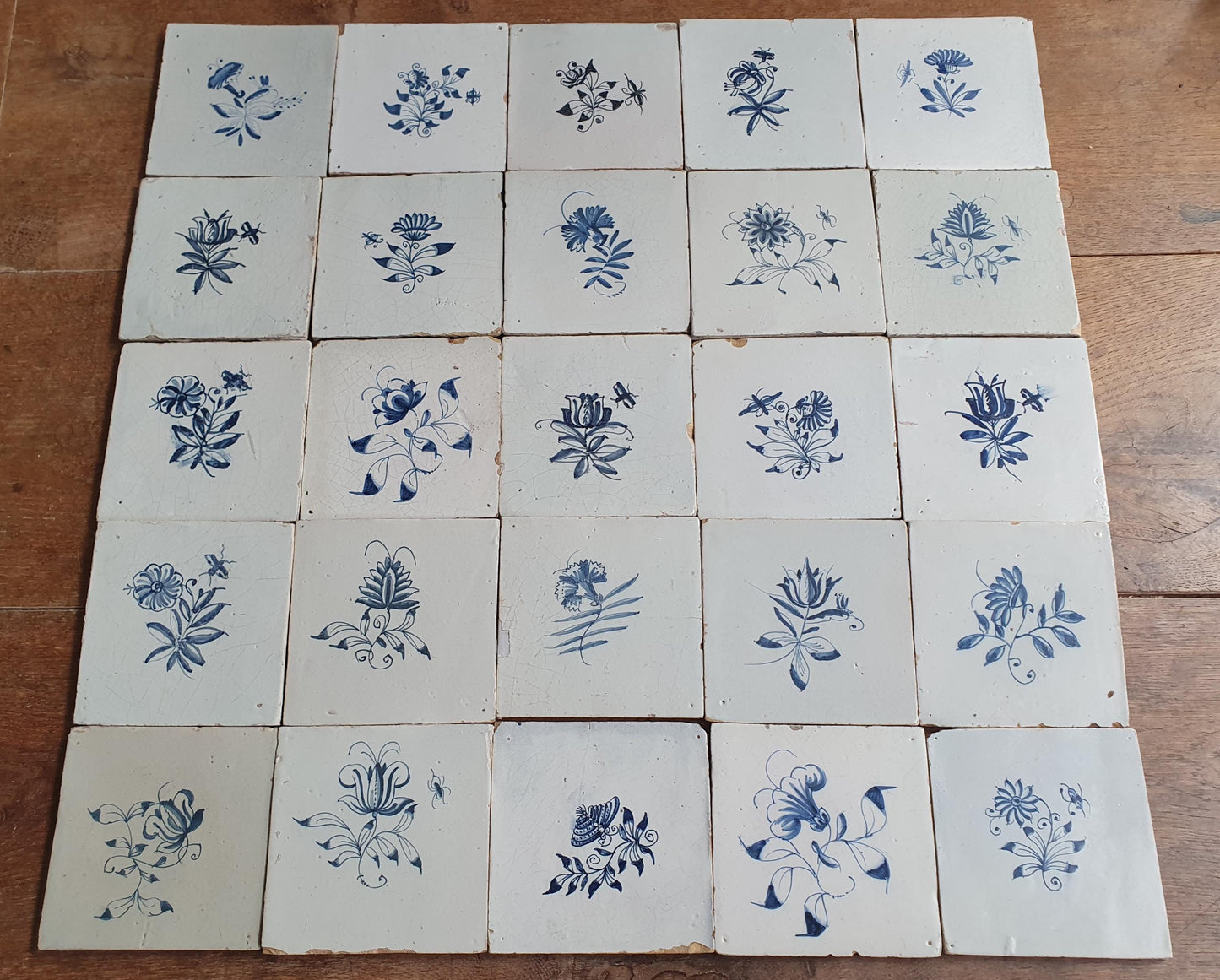 25 x Antique Delft Tiles, 18th Century, Floral Blue Flowers, planttile.
