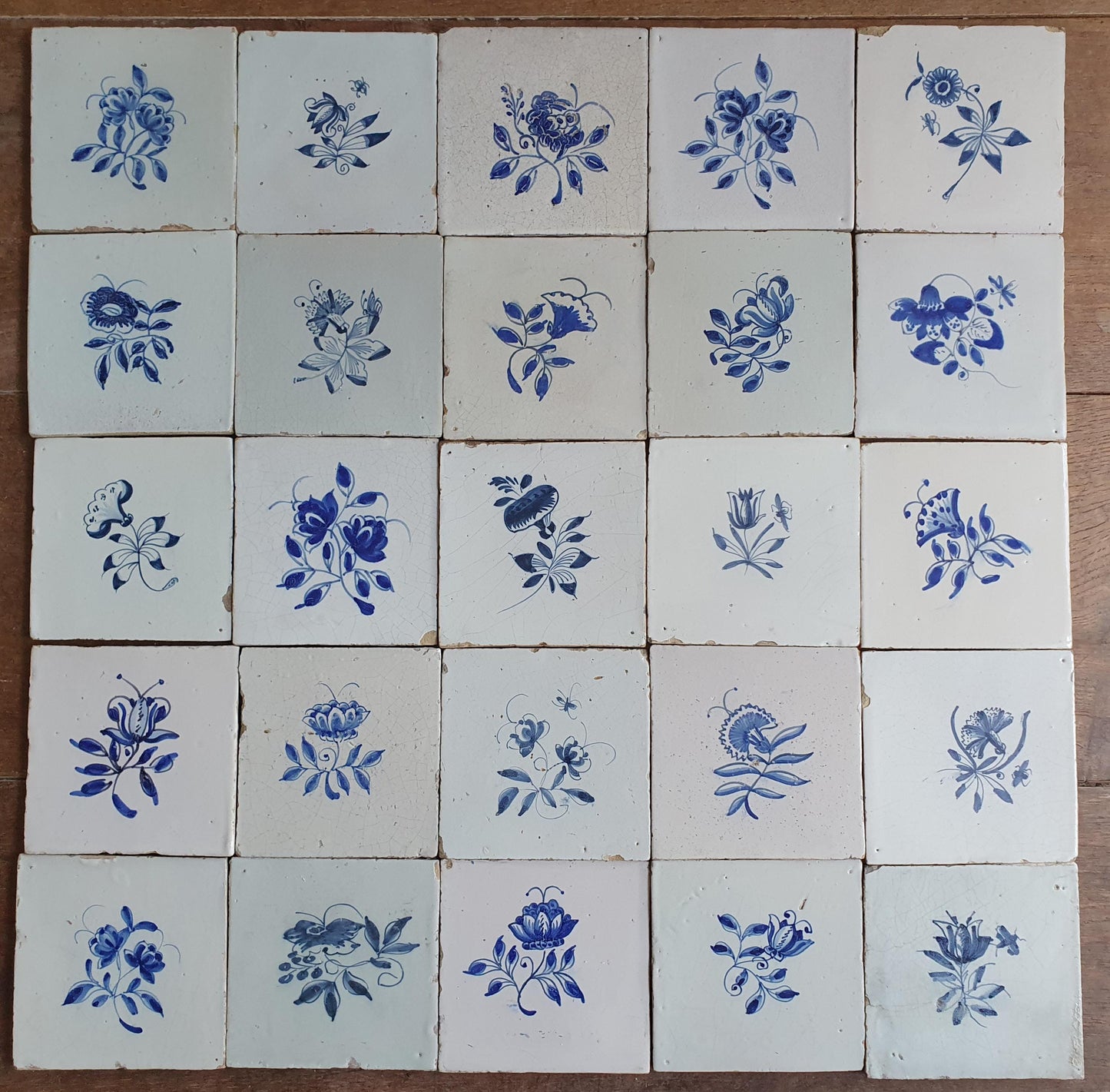 25 x Antique Delft Tiles, 18th Century, Floral Blue Flowers, planttile.