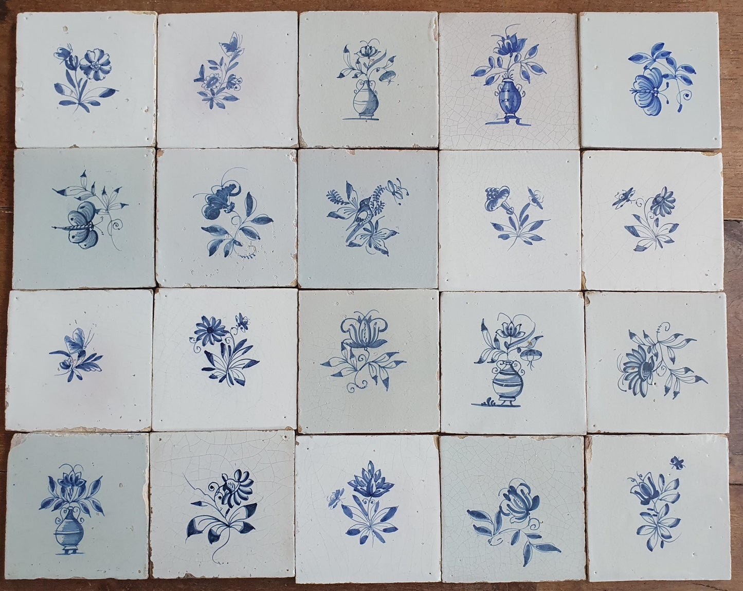 20 x Antique Delft Tiles, 18th Century, Floral Blue Flowers, planttile.