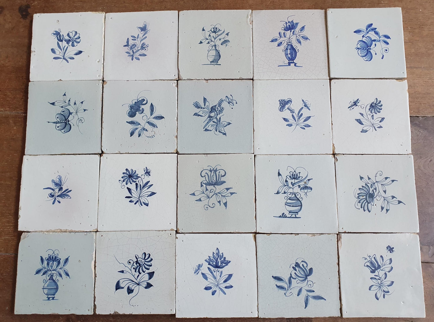 20 x Antique Delft Tiles, 18th Century, Floral Blue Flowers, planttile.