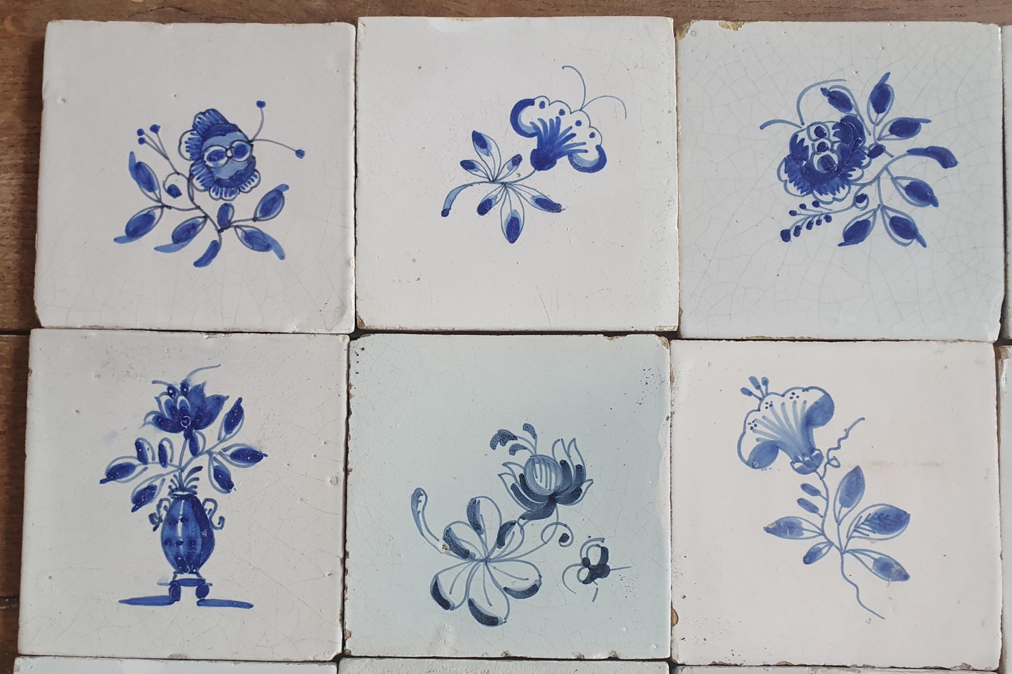 16 x Antique Delft Tiles, 18th Century, Floral Blue Flowers, planttile.