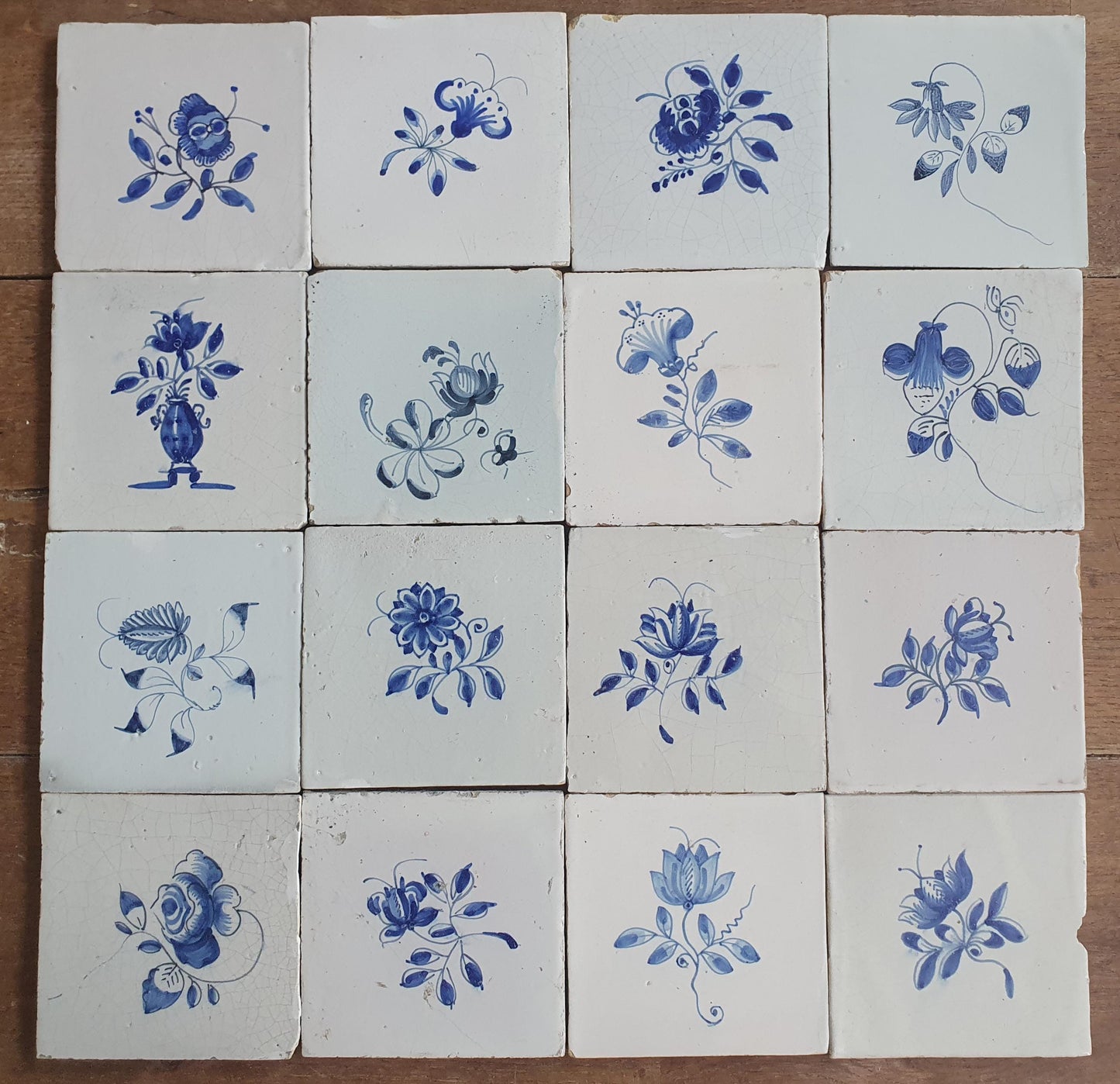 16 x Antique Delft Tiles, 18th Century, Floral Blue Flowers, planttile.