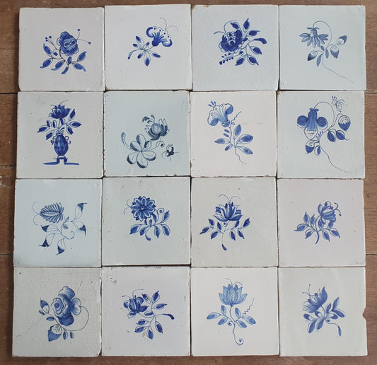 16 x Antique Delft Tiles, 18th Century, Floral Blue Flowers, planttile.
