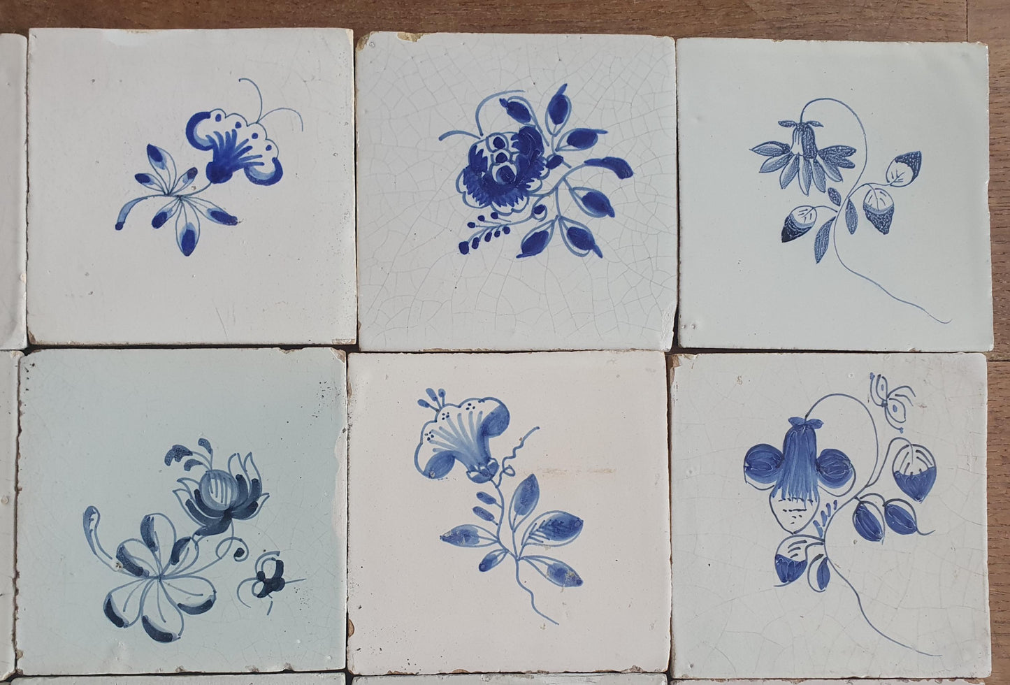 16 x Antique Delft Tiles, 18th Century, Floral Blue Flowers, planttile.