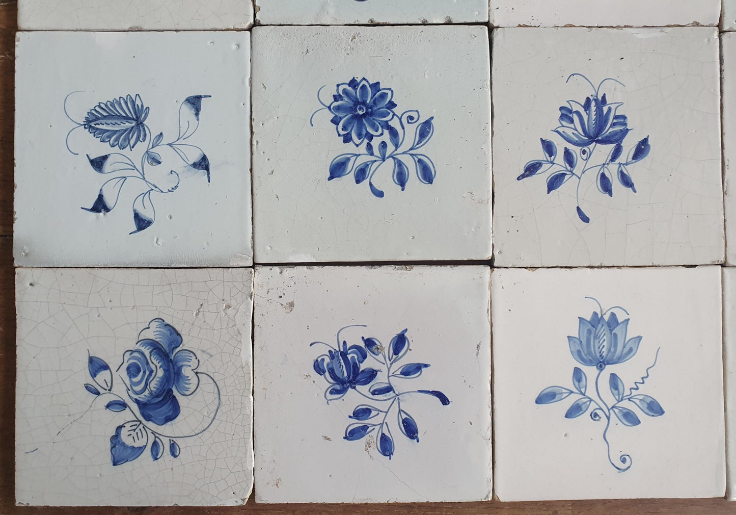 16 x Antique Delft Tiles, 18th Century, Floral Blue Flowers, planttile.