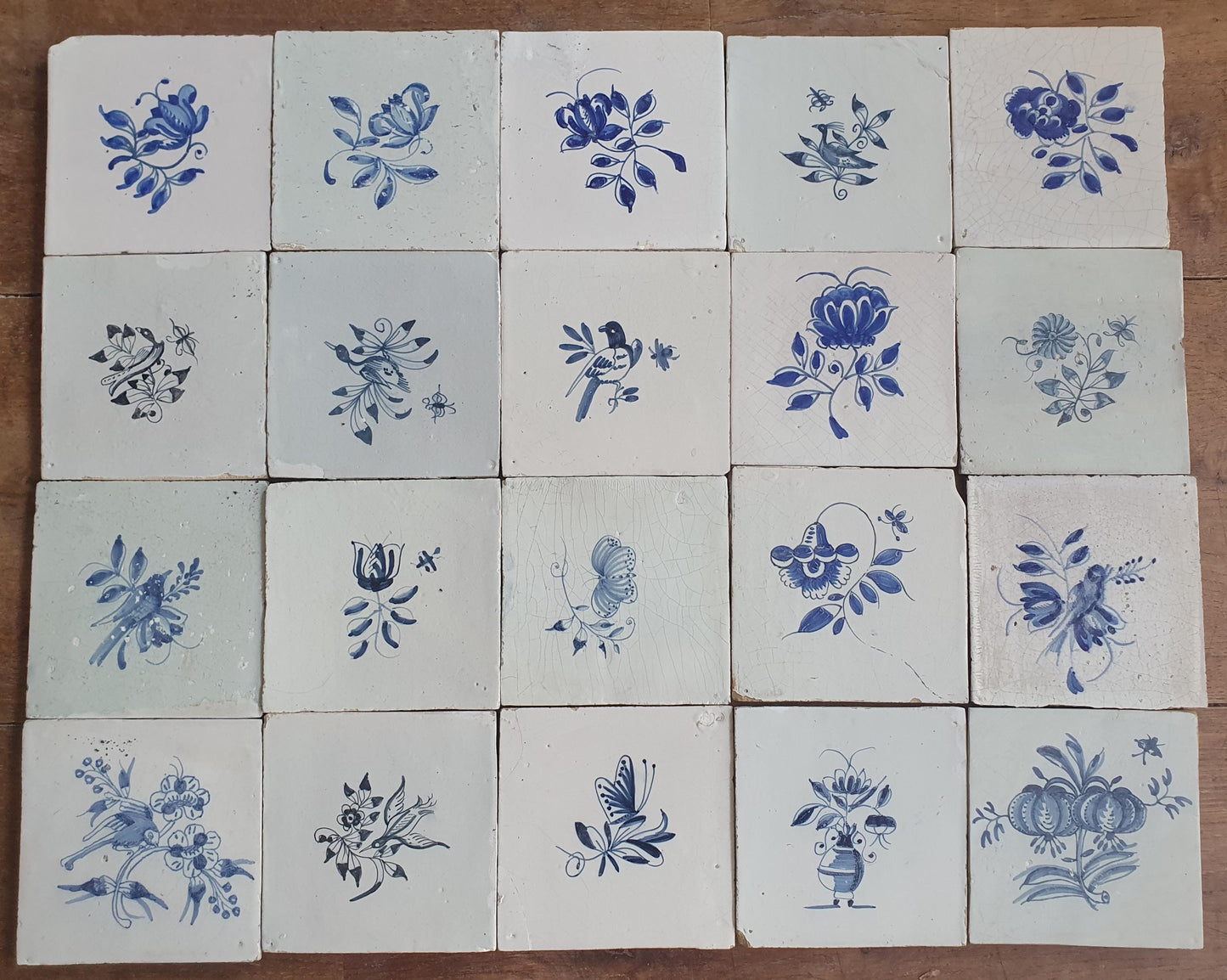 20 x Antique Delft Tiles, 18th Century, Floral Blue Flowers, planttile.