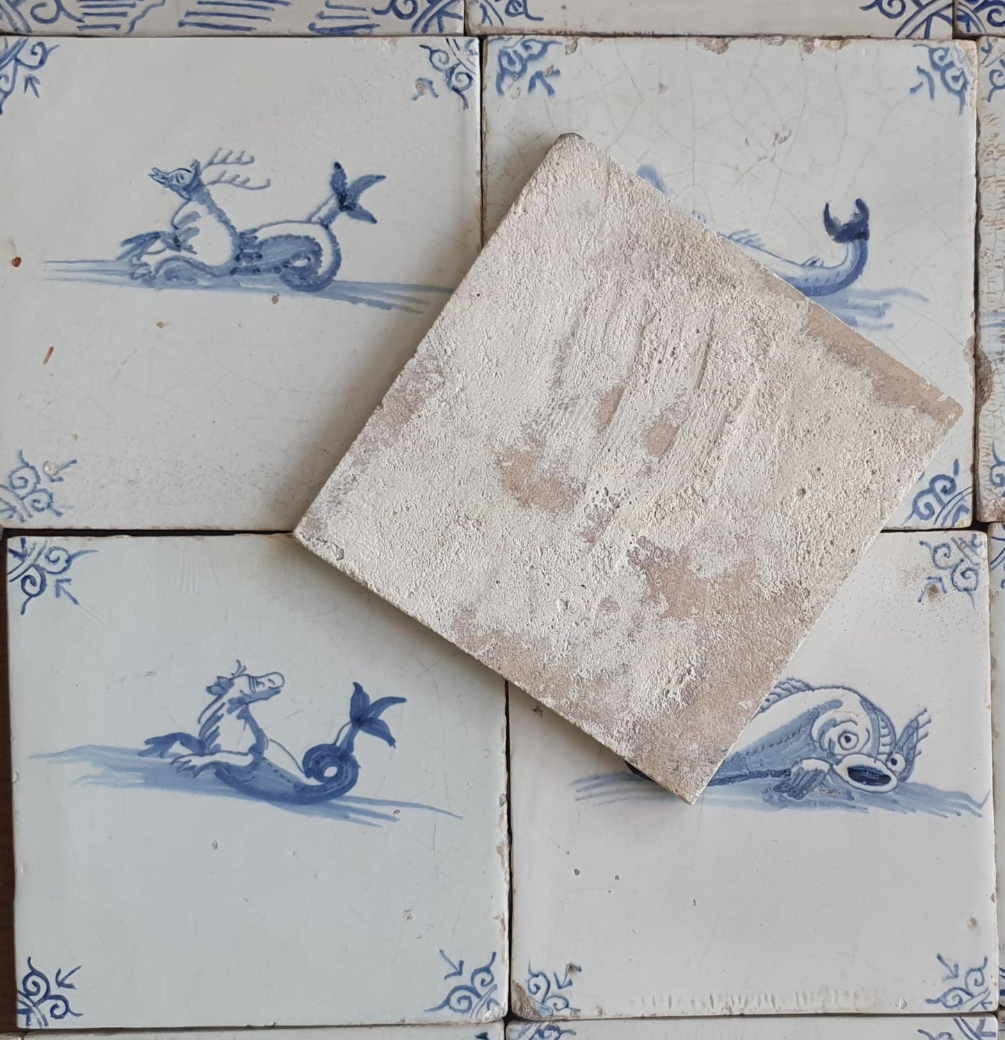 16 x Antique Delft Mermaid Tiles, 17th Century Dutch Seascape, Set of 16
