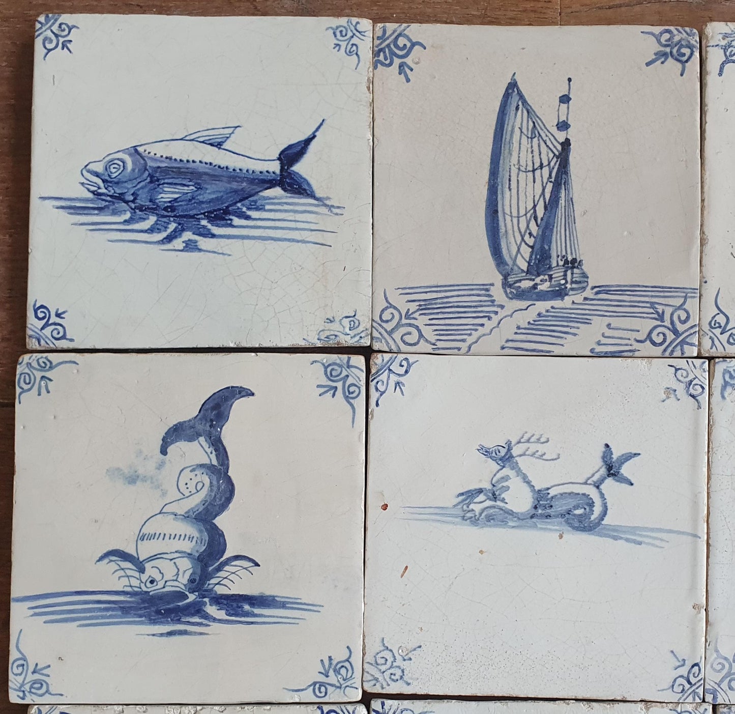 16 x Antique Delft Mermaid Tiles, 17th Century Dutch Seascape, Set of 16