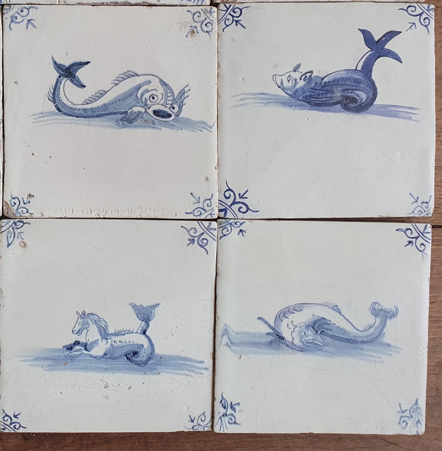 16 x Antique Delft Mermaid Tiles, 17th Century Dutch Seascape, Set of 16