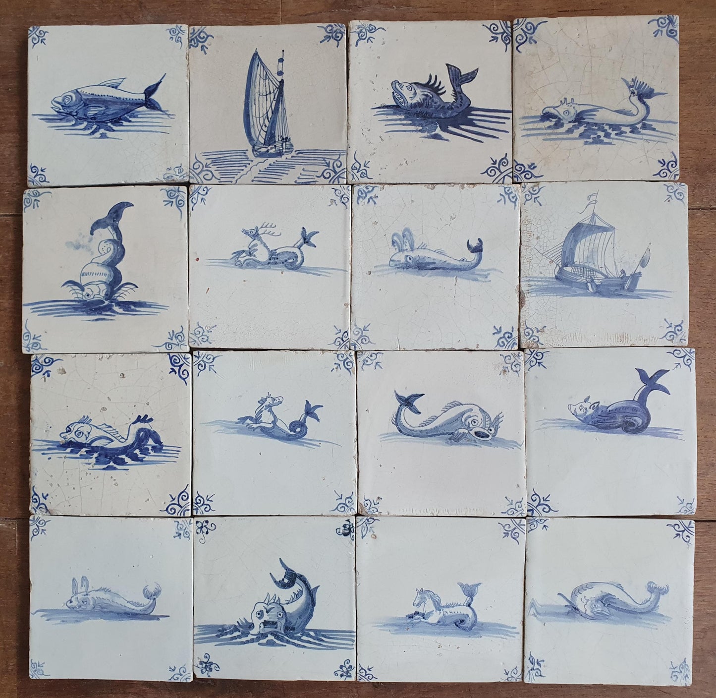 16 x Antique Delft Mermaid Tiles, 17th Century Dutch Seascape, Set of 16