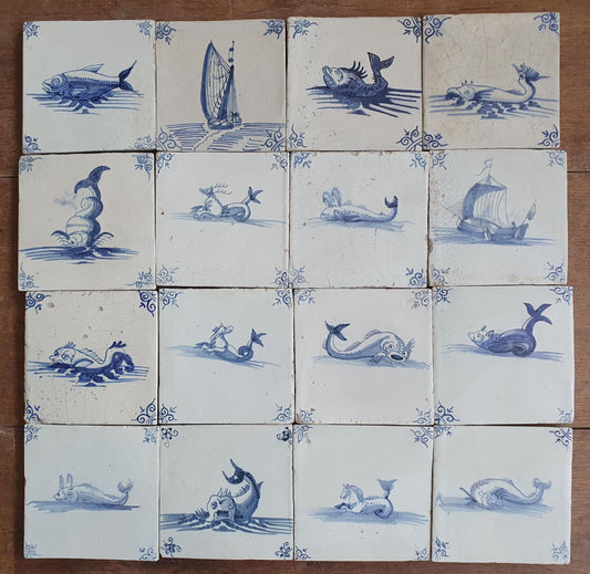16 x Antique Delft Mermaid Tiles, 17th Century Dutch Seascape, Set of 16