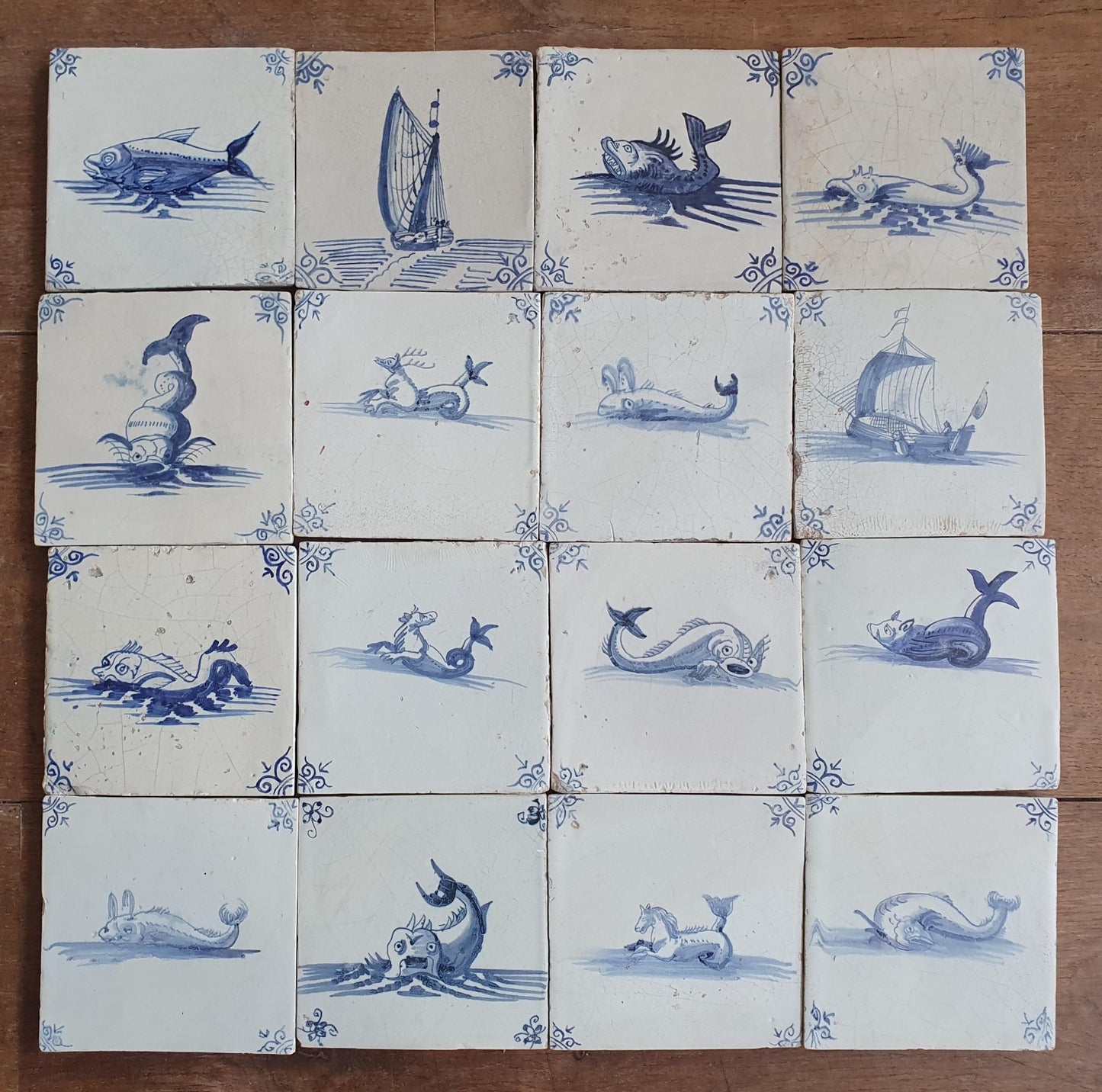 16 x Antique Delft Mermaid Tiles, 17th Century Dutch Seascape, Set of 16