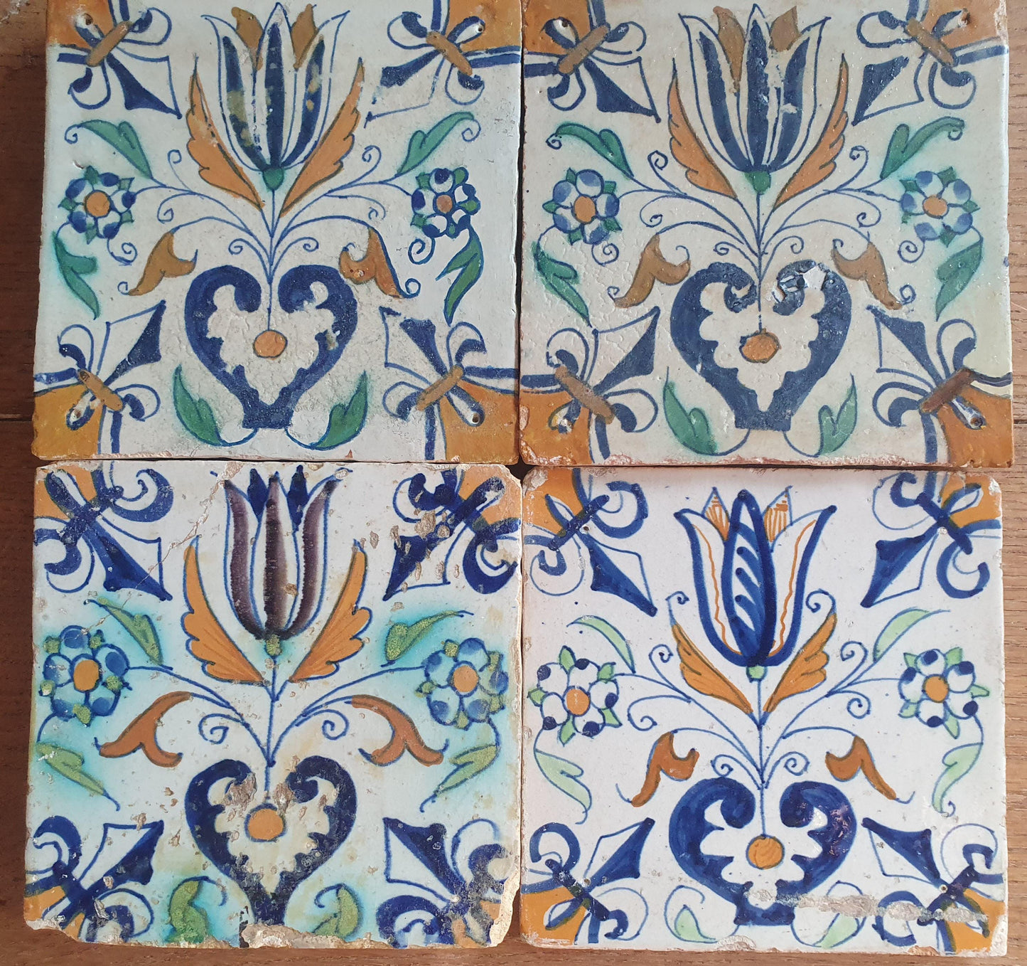 4 Antique Delft Tulip Tiles, Polychrome , c. 1640