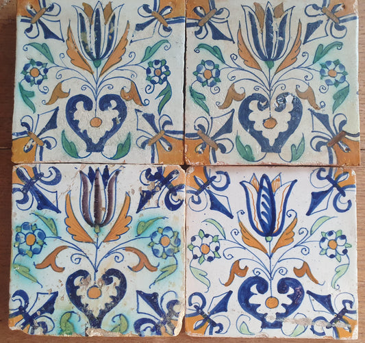 4 Antique Delft Tulip Tiles, Polychrome , c. 1640