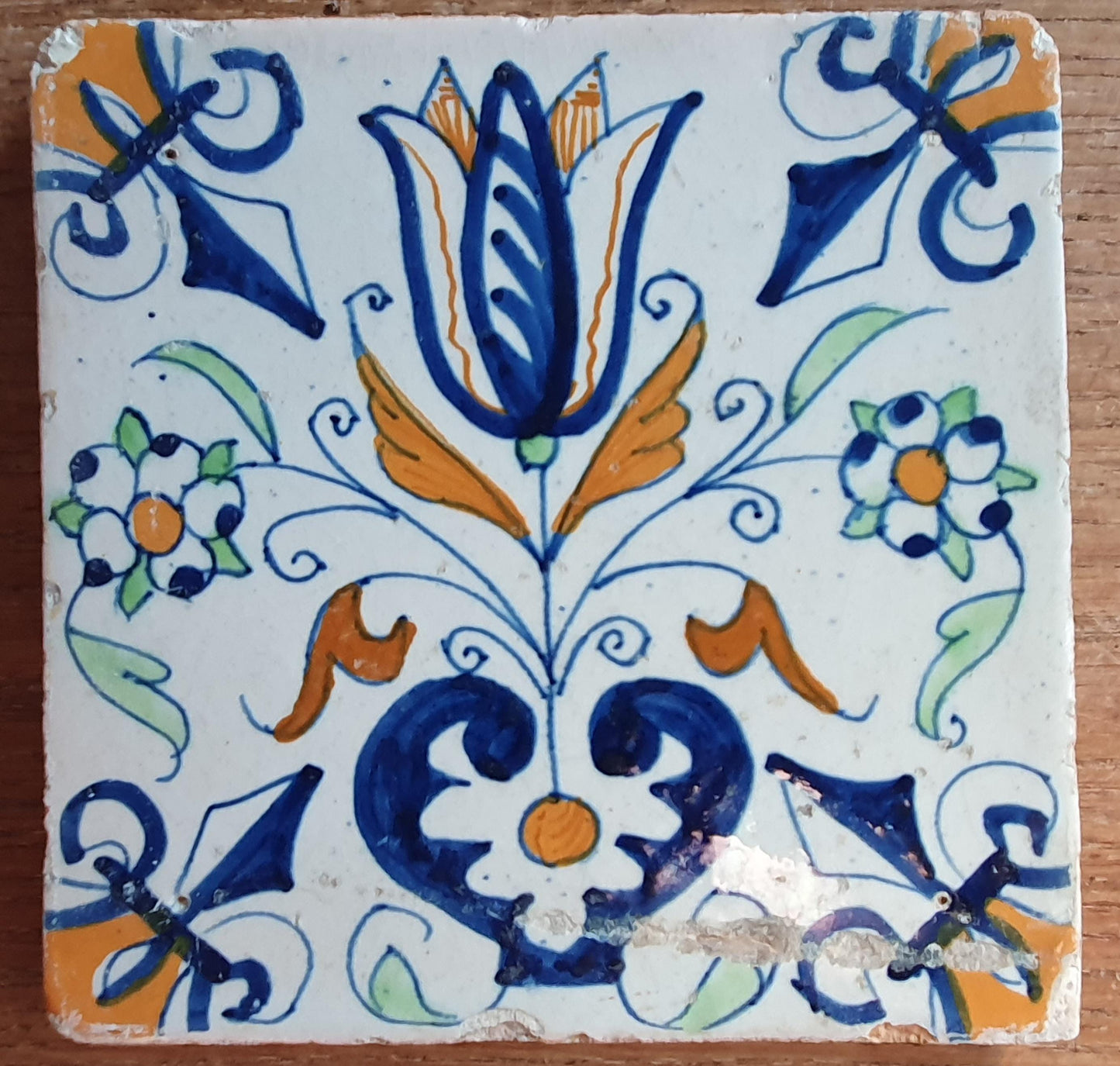 4 Antique Delft Tulip Tiles, Polychrome , c. 1640