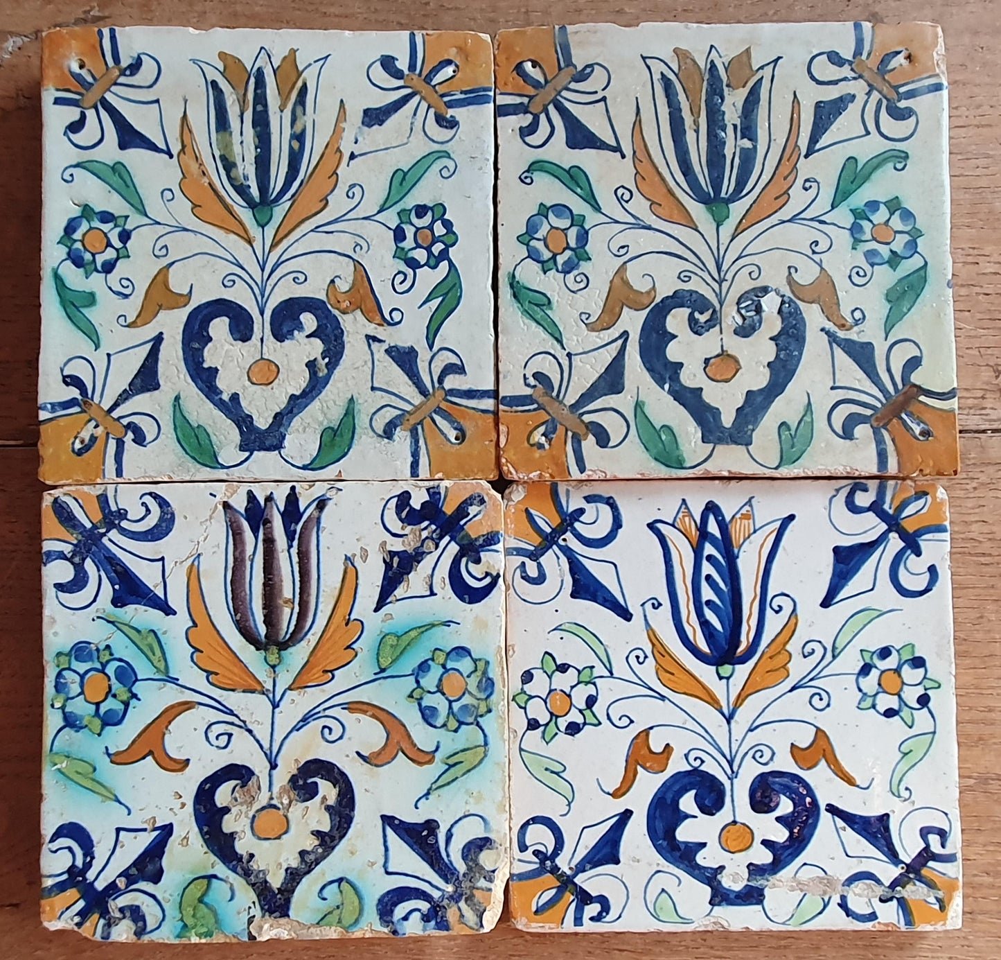 4 Antique Delft Tulip Tiles, Polychrome , c. 1640