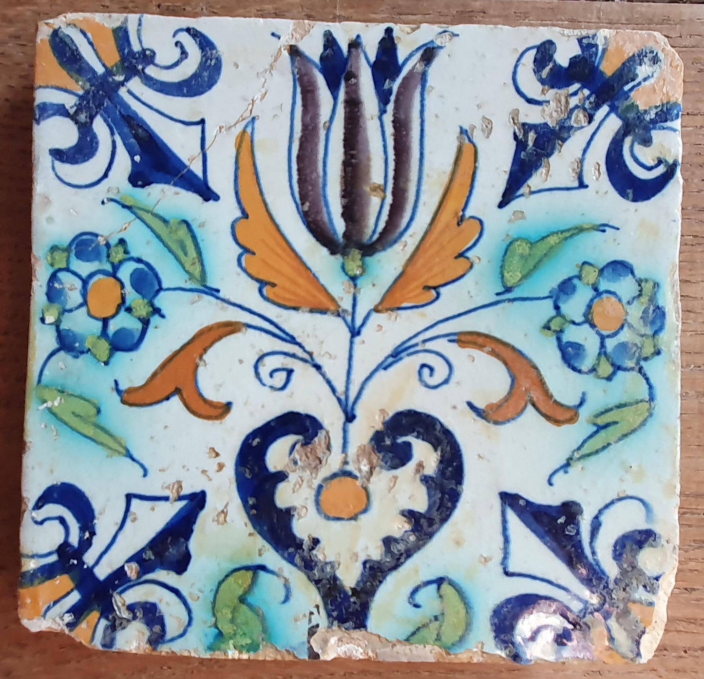 4 Antique Delft Tulip Tiles, Polychrome , c. 1640