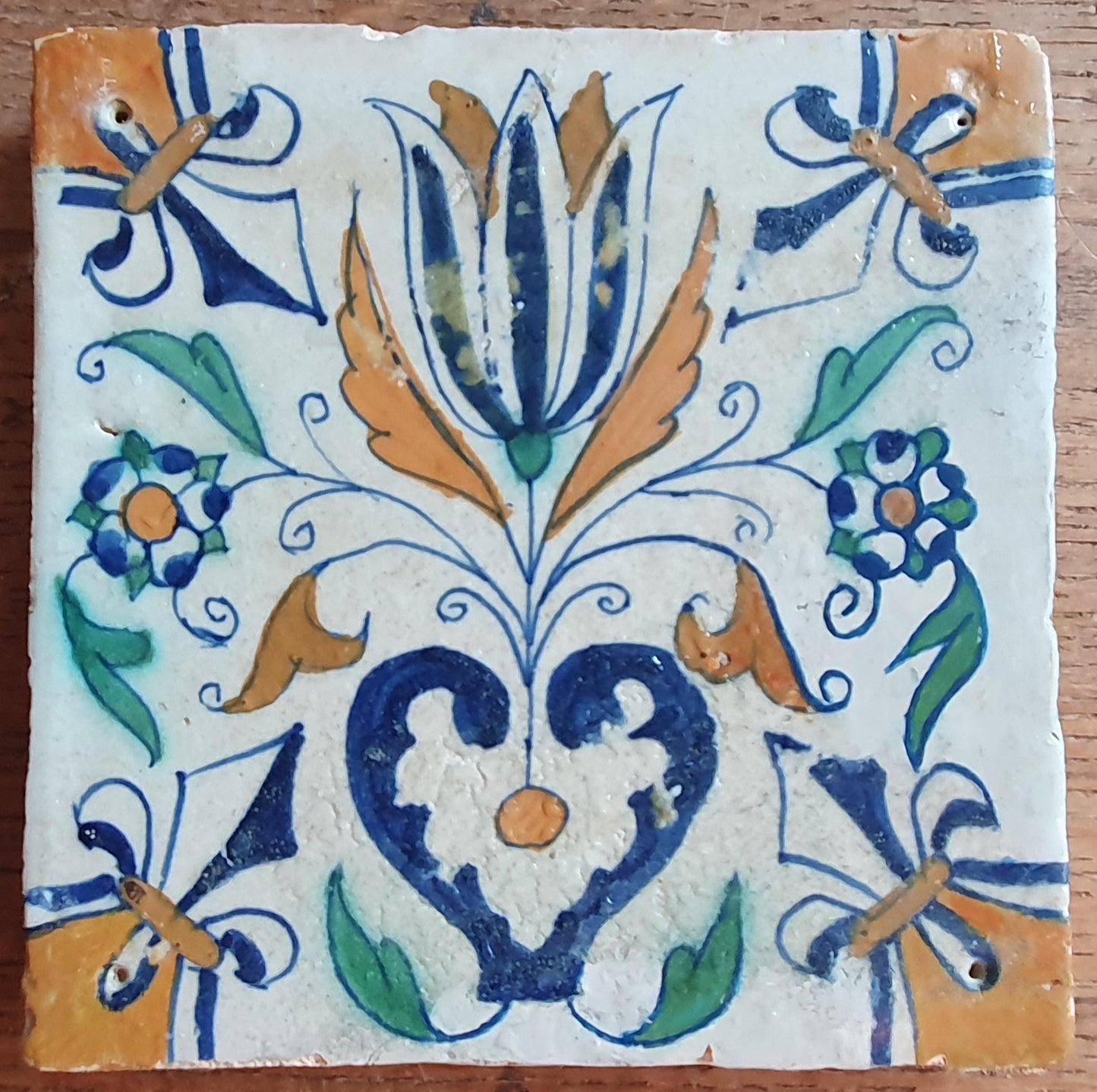4 Antique Delft Tulip Tiles, Polychrome , c. 1640