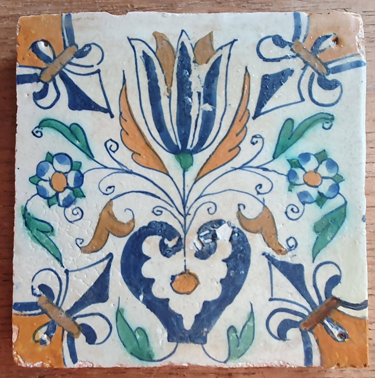 4 Antique Delft Tulip Tiles, Polychrome , c. 1640
