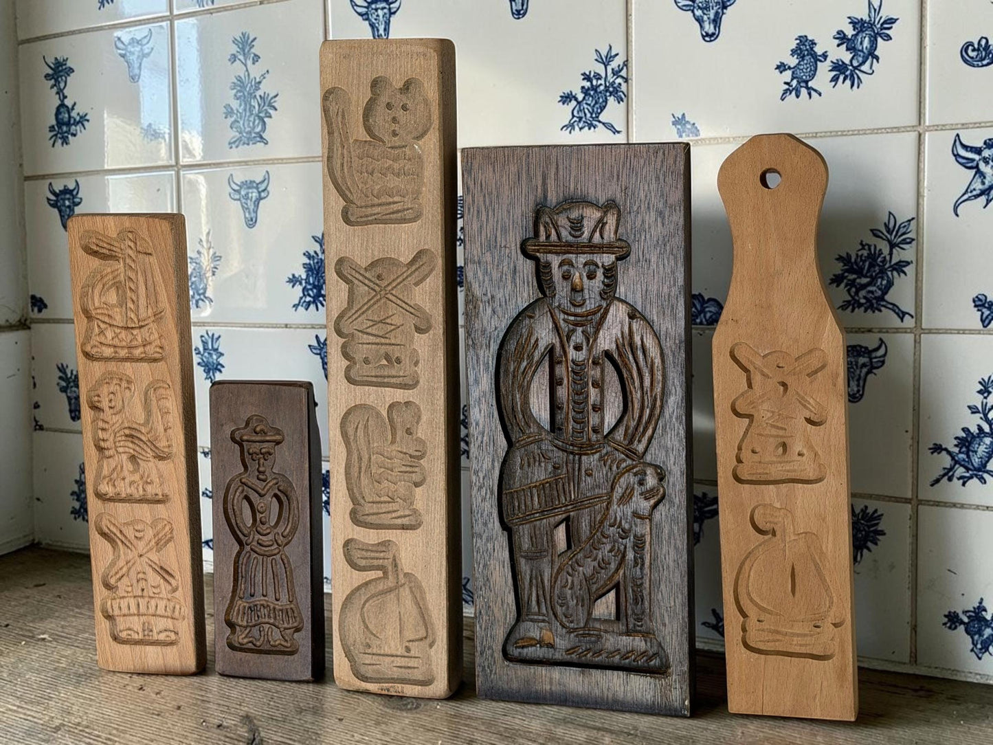 Antique Dutch Speculaas wood Cookie Mold Set wooden handcarved kitchen shelf, Antique holland Mold Set Hand-Carved Wooden baking cake Boards
