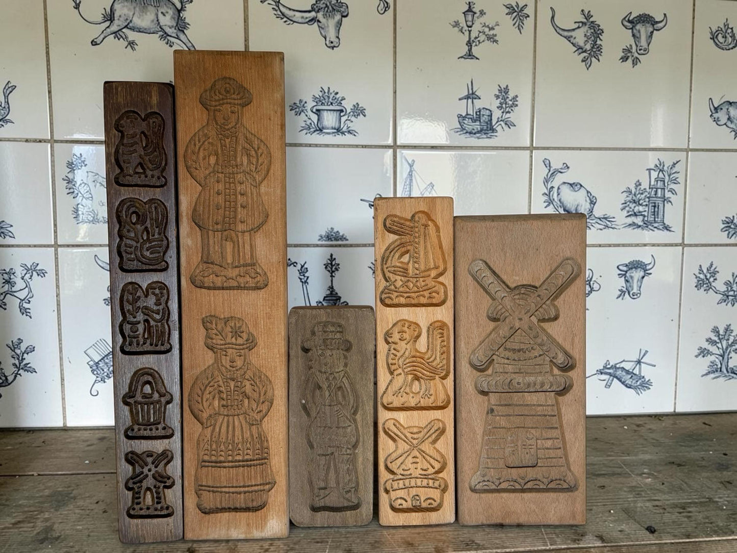 Antique Dutch mill Speculaas wood Cookie Mold Set wooden handcarved kitchen shelf, holland Mold Set Hand-Carved Wooden baking cake Boards