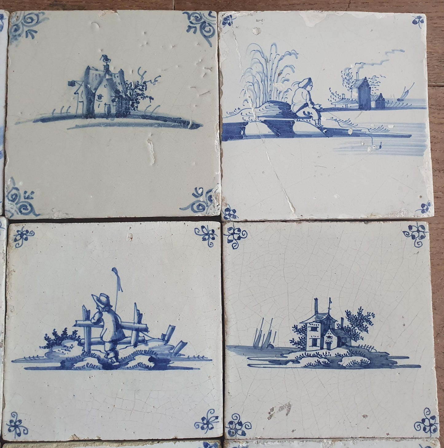 9 x Antique Delft landscape Tiles, 17th-18th Century Dutch Wall Decor.