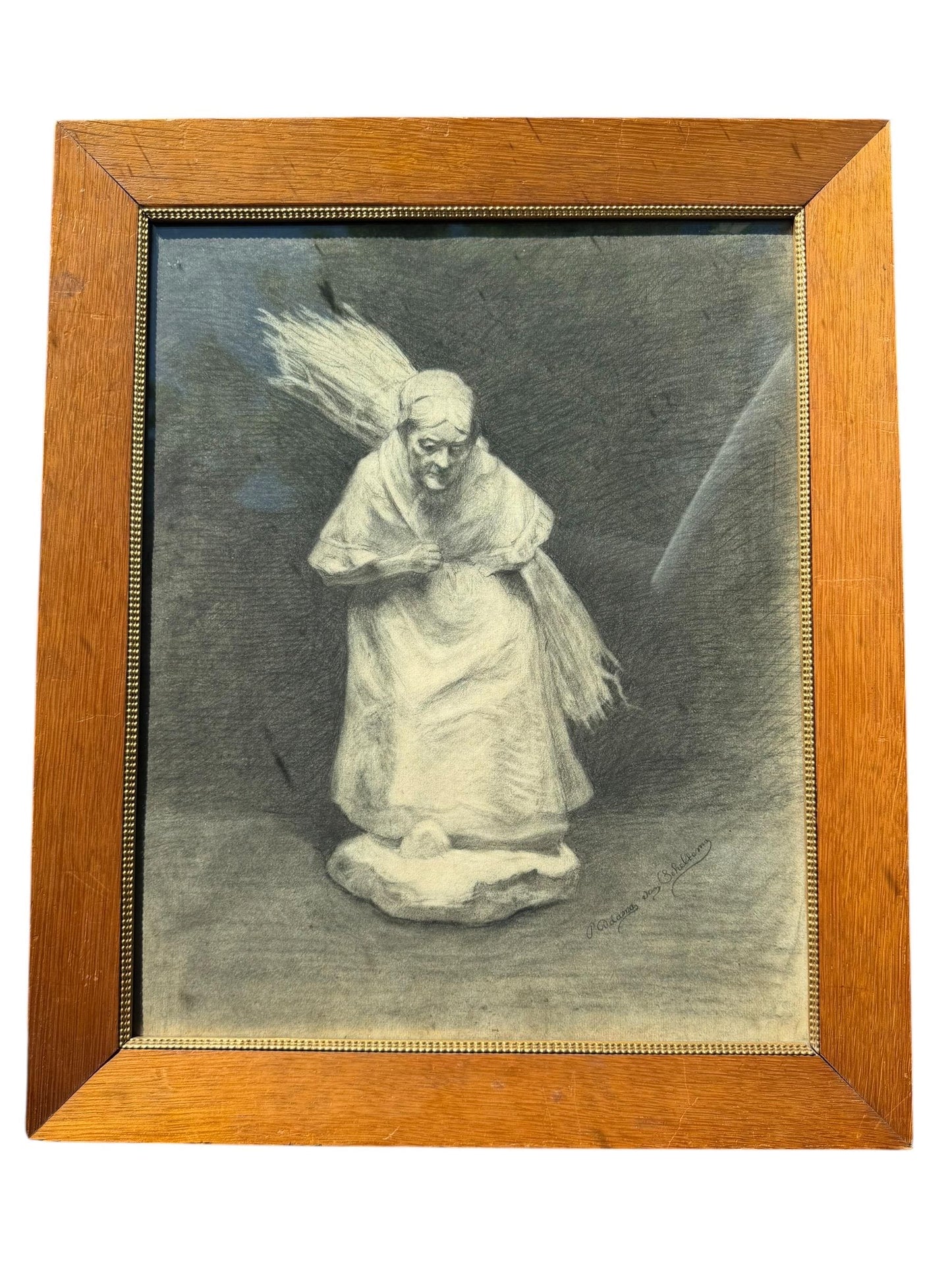 Frederik Adama van Scheltema (1846-1899) dutch master, framed Signed Charcoal Drawing of an Elderly Woman with Faggot of Sticks 19th Century