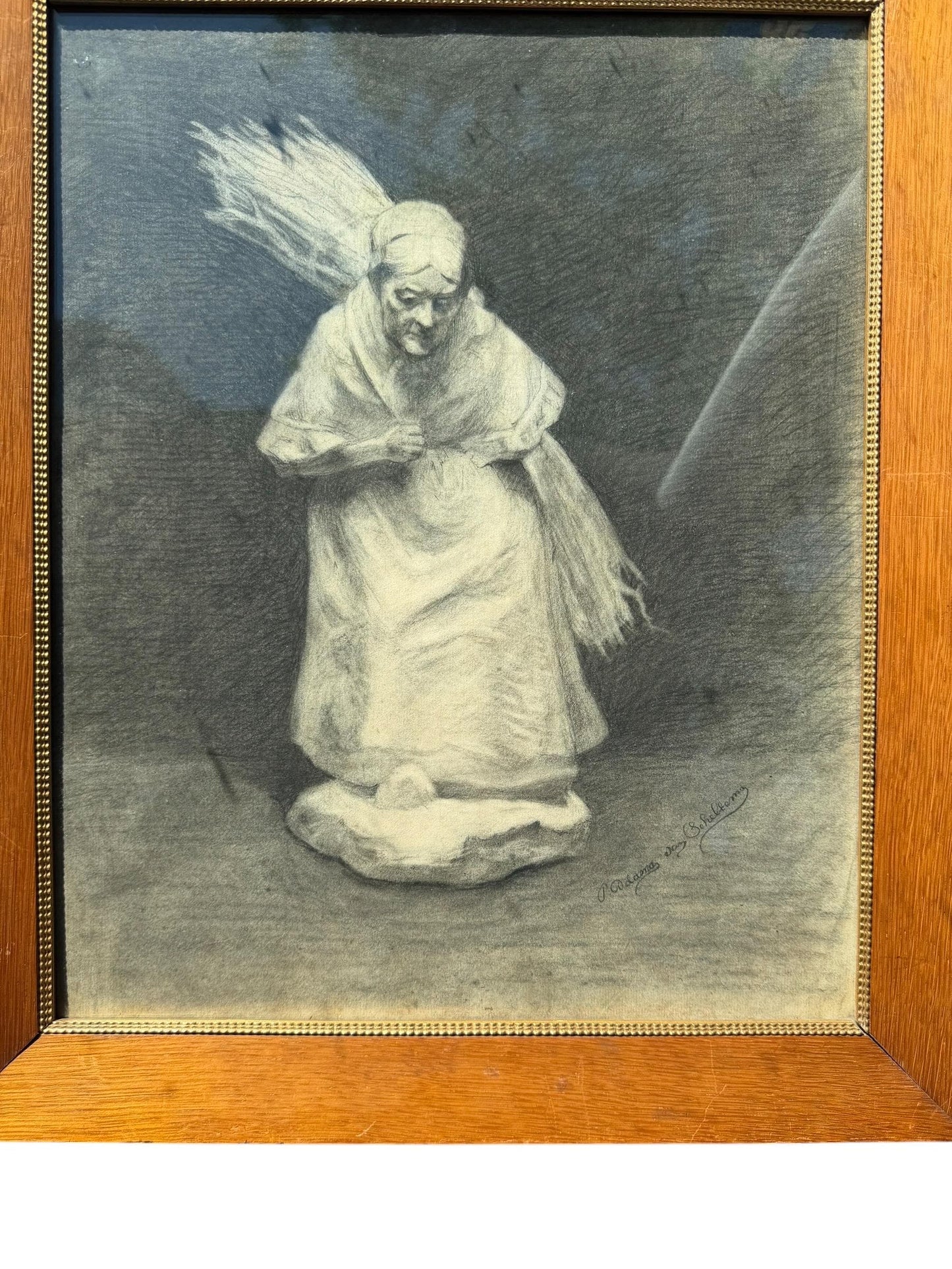 Frederik Adama van Scheltema (1846-1899) dutch master, framed Signed Charcoal Drawing of an Elderly Woman with Faggot of Sticks 19th Century