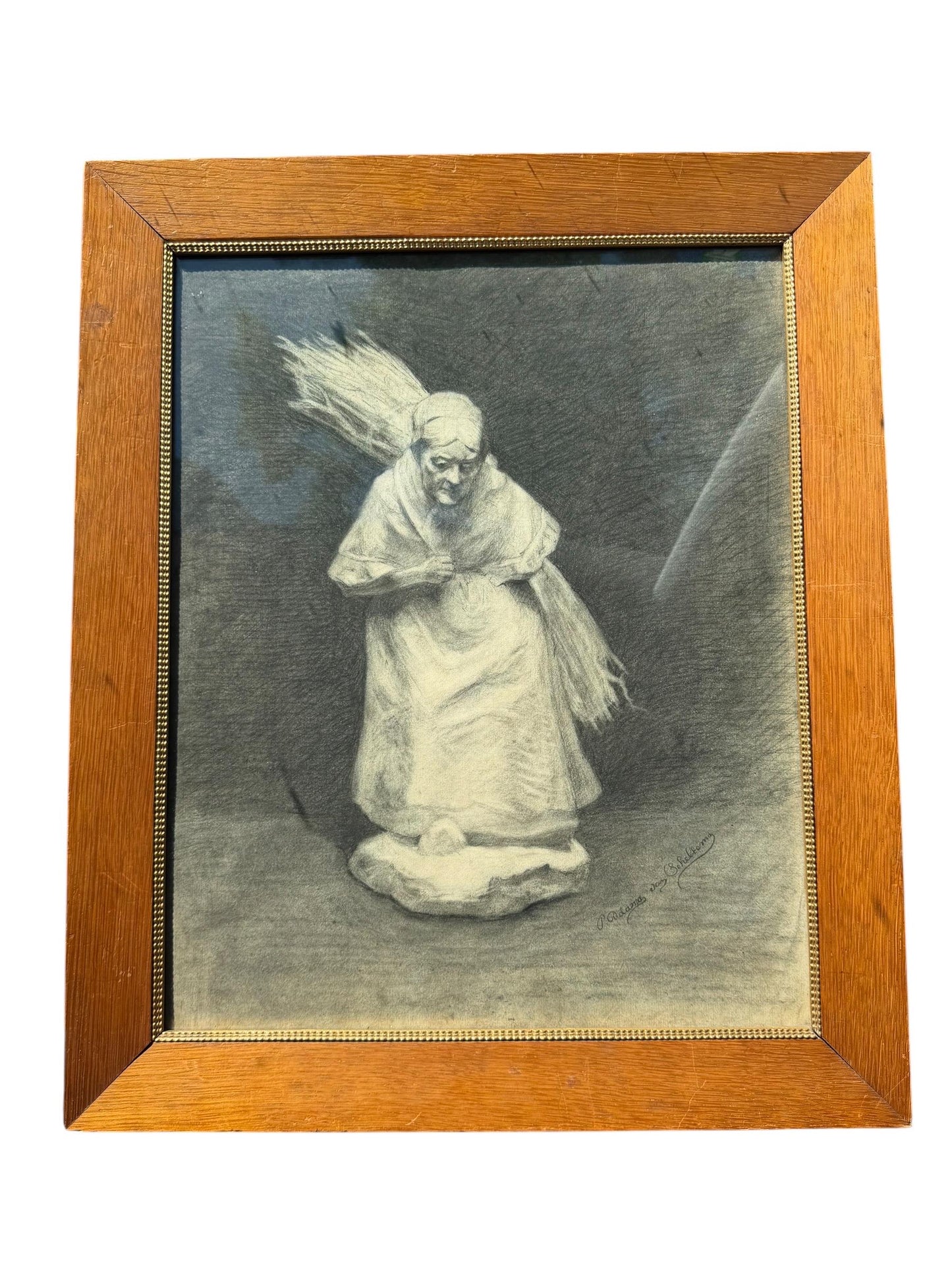 Frederik Adama van Scheltema (1846-1899) dutch master, framed Signed Charcoal Drawing of an Elderly Woman with Faggot of Sticks 19th Century