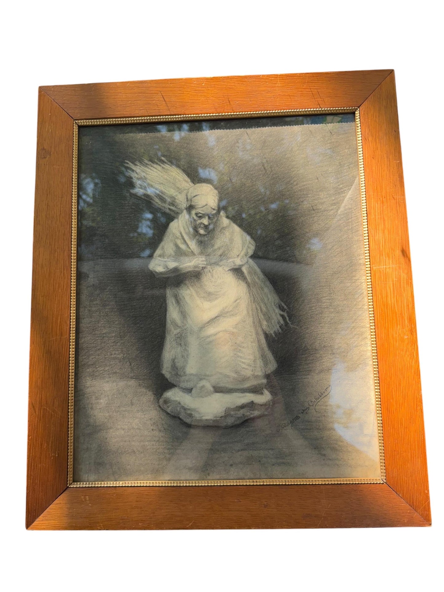 Frederik Adama van Scheltema (1846-1899) dutch master, framed Signed Charcoal Drawing of an Elderly Woman with Faggot of Sticks 19th Century