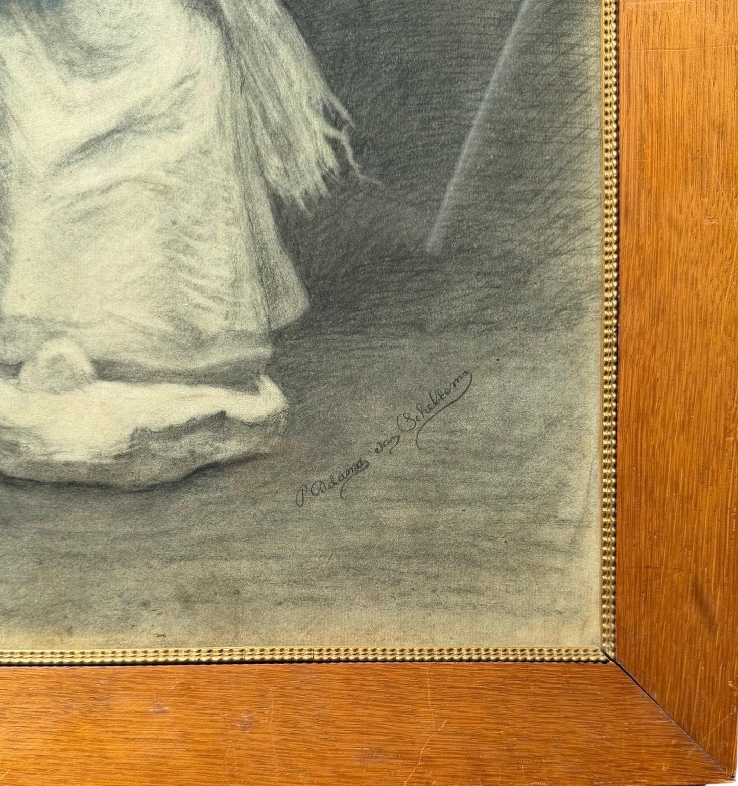 Frederik Adama van Scheltema (1846-1899) dutch master, framed Signed Charcoal Drawing of an Elderly Woman with Faggot of Sticks 19th Century